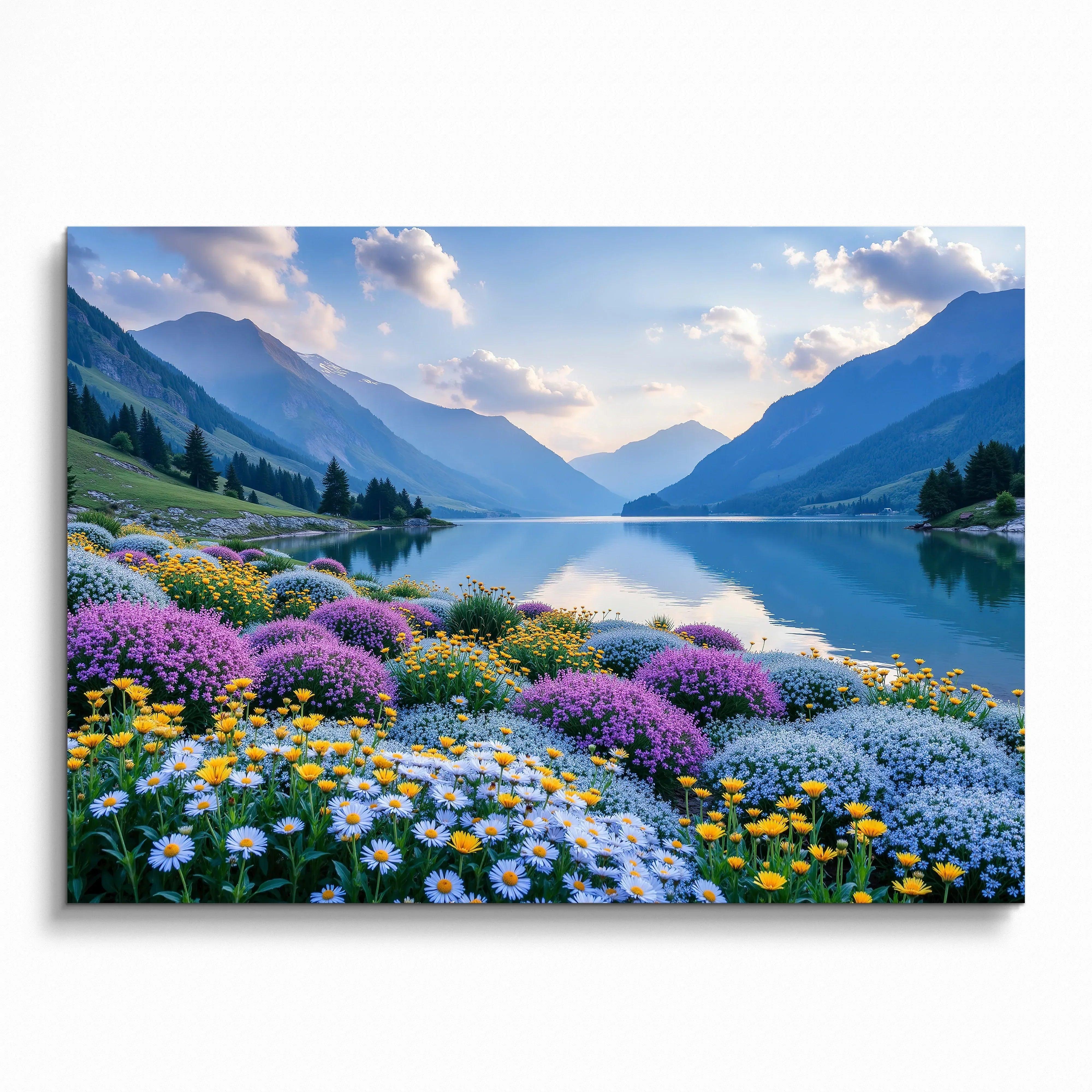 Vibrant floral mountain landscape poster featuring colorful wildflowers by a lake, serene nature wall art.