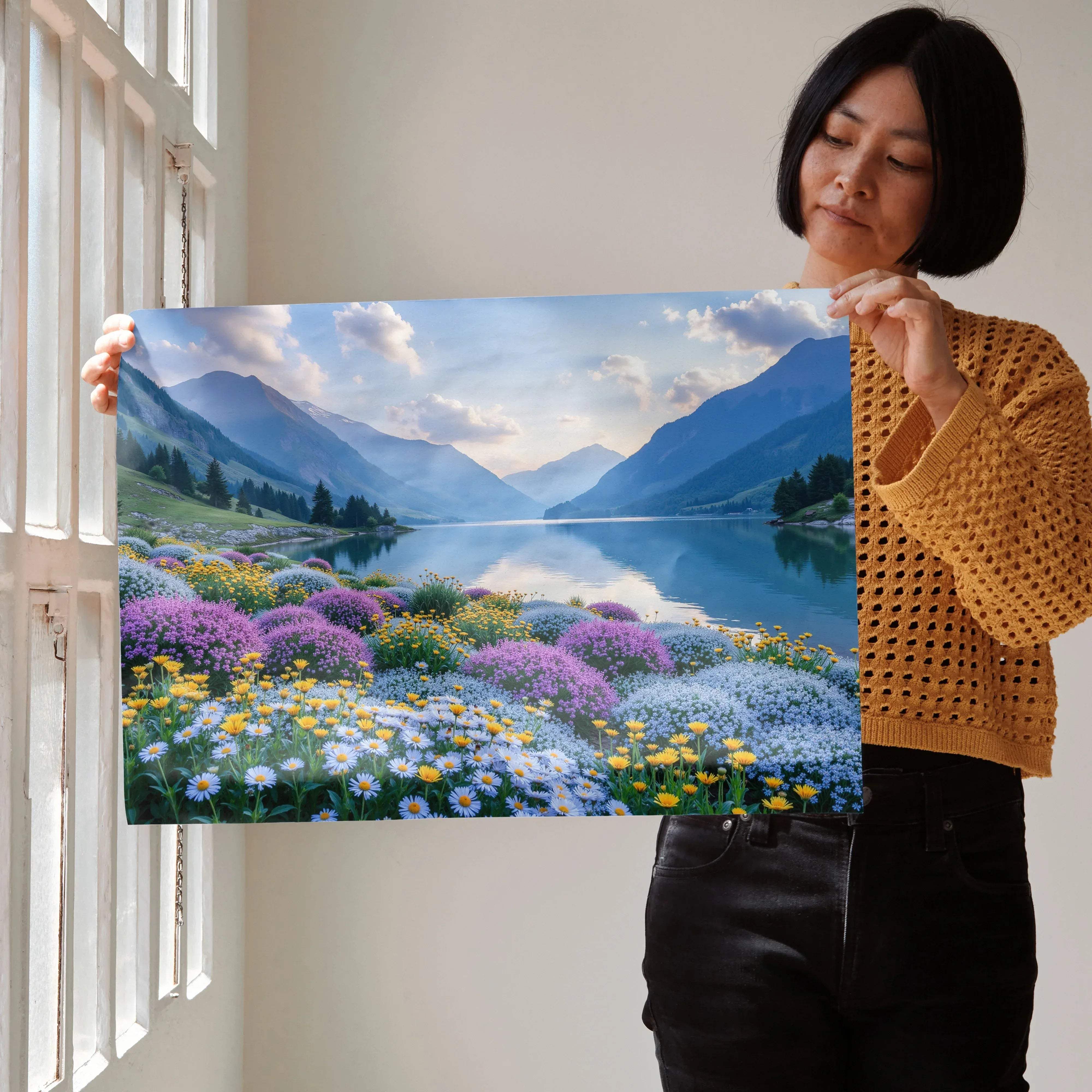 Vibrant floral mountains nature digital art print showing a lake surrounded by purple yellow and white wildflowers and mountains