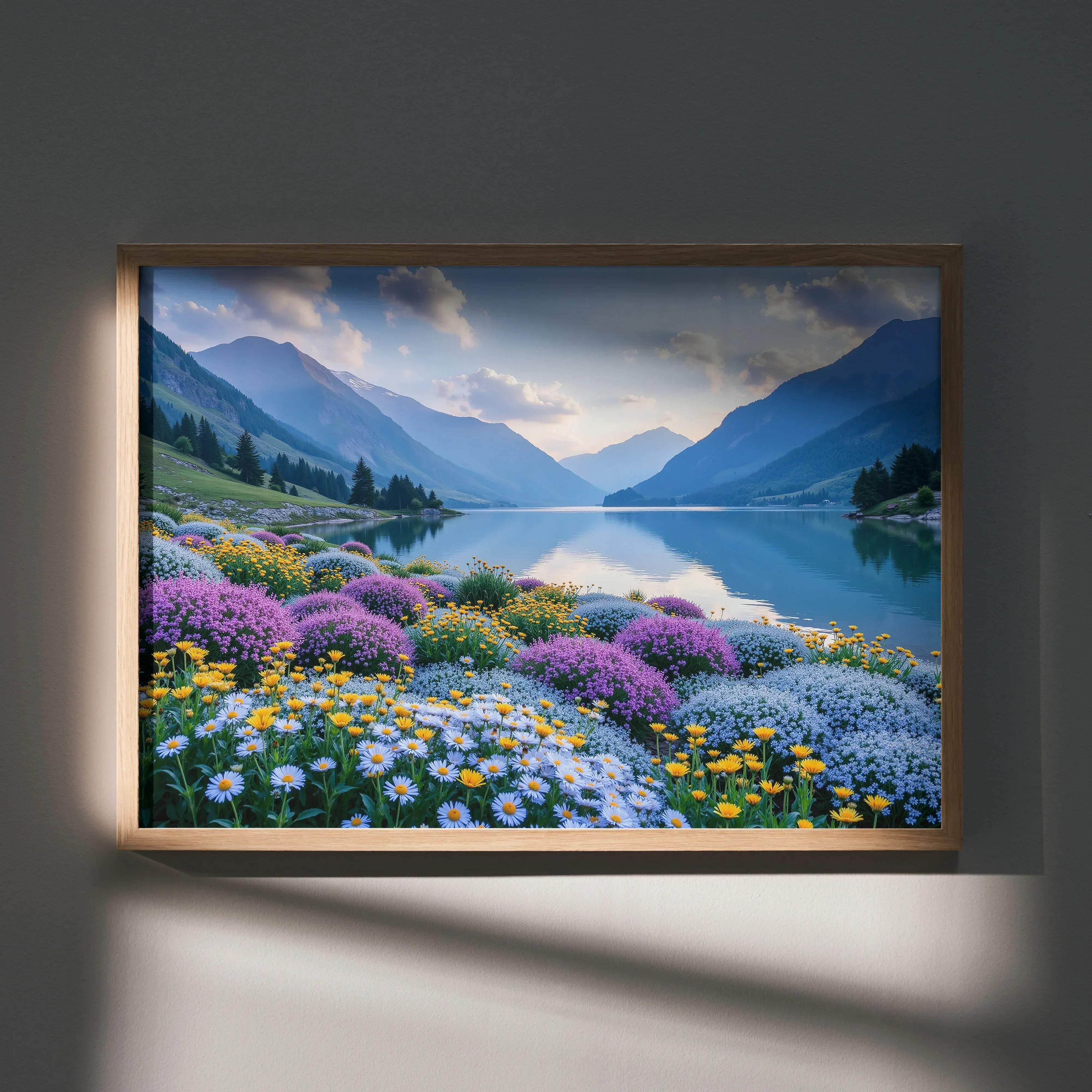 A framed vibrant floral mountains nature digital art print showing a serene lake with purple yellow and white wildflowers