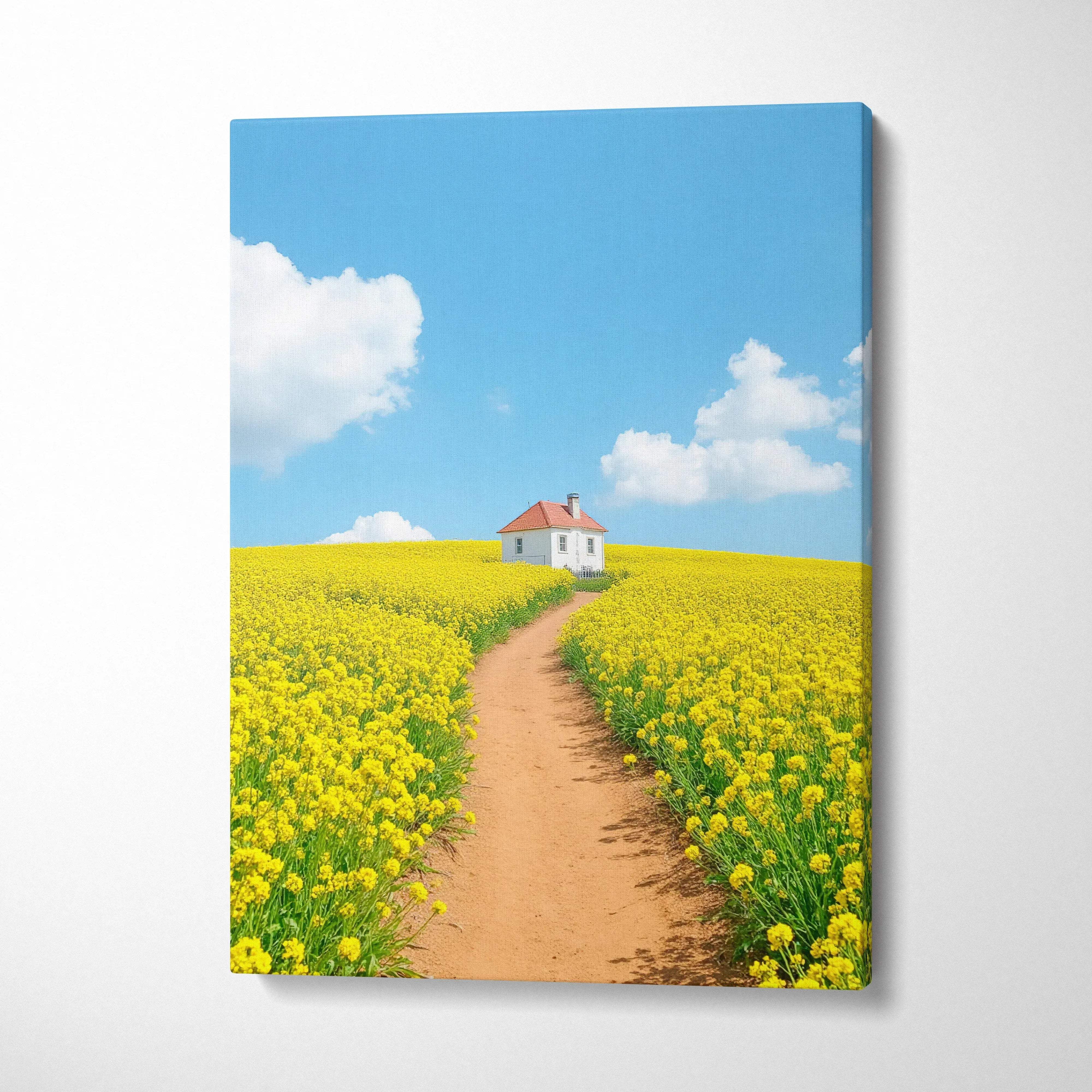 Canvas wall art featuring a dirt path through a yellow flower field leading to a small white house under a blue sky.