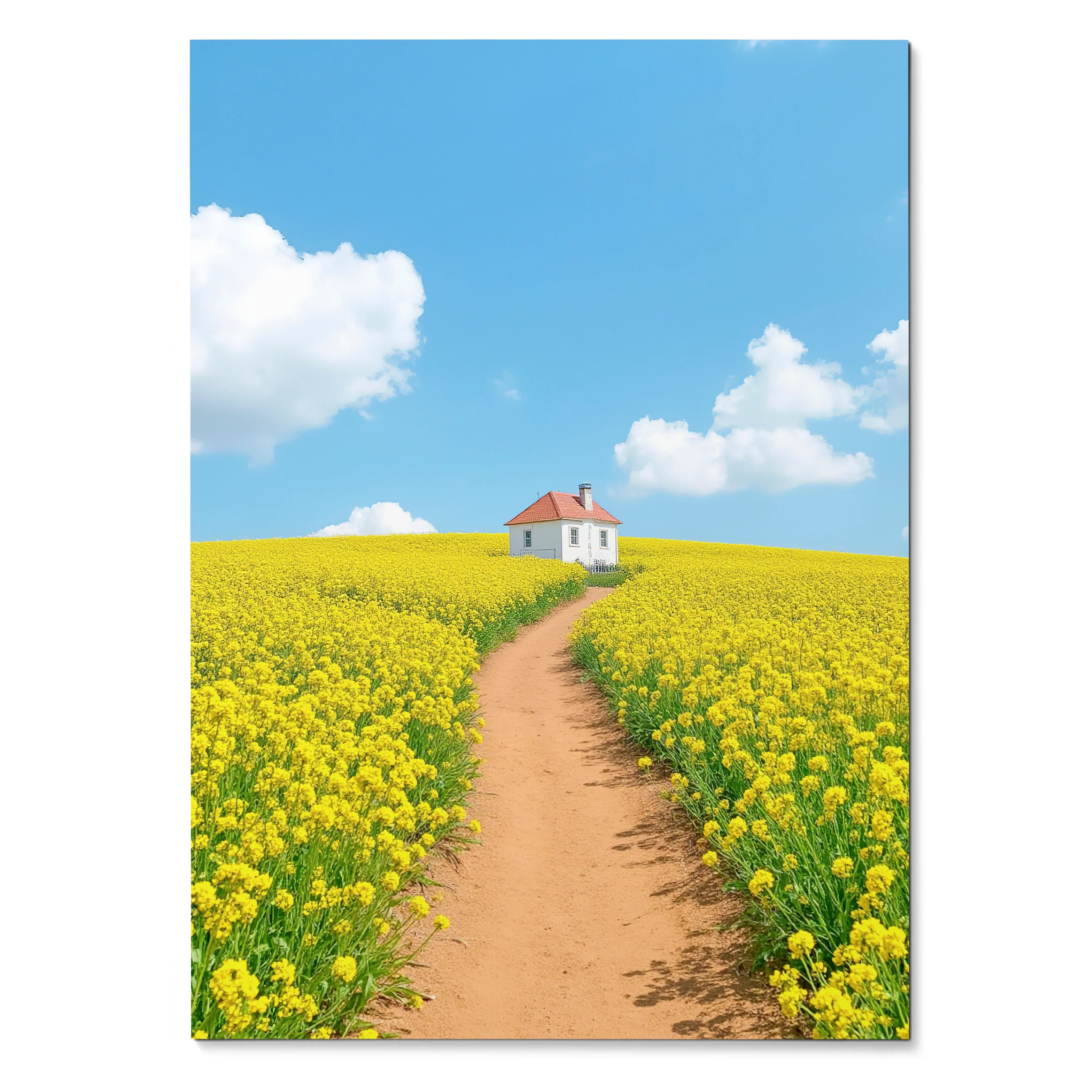 Vertical poster of a dirt path through yellow flower fields under a bright blue sky wall art print.