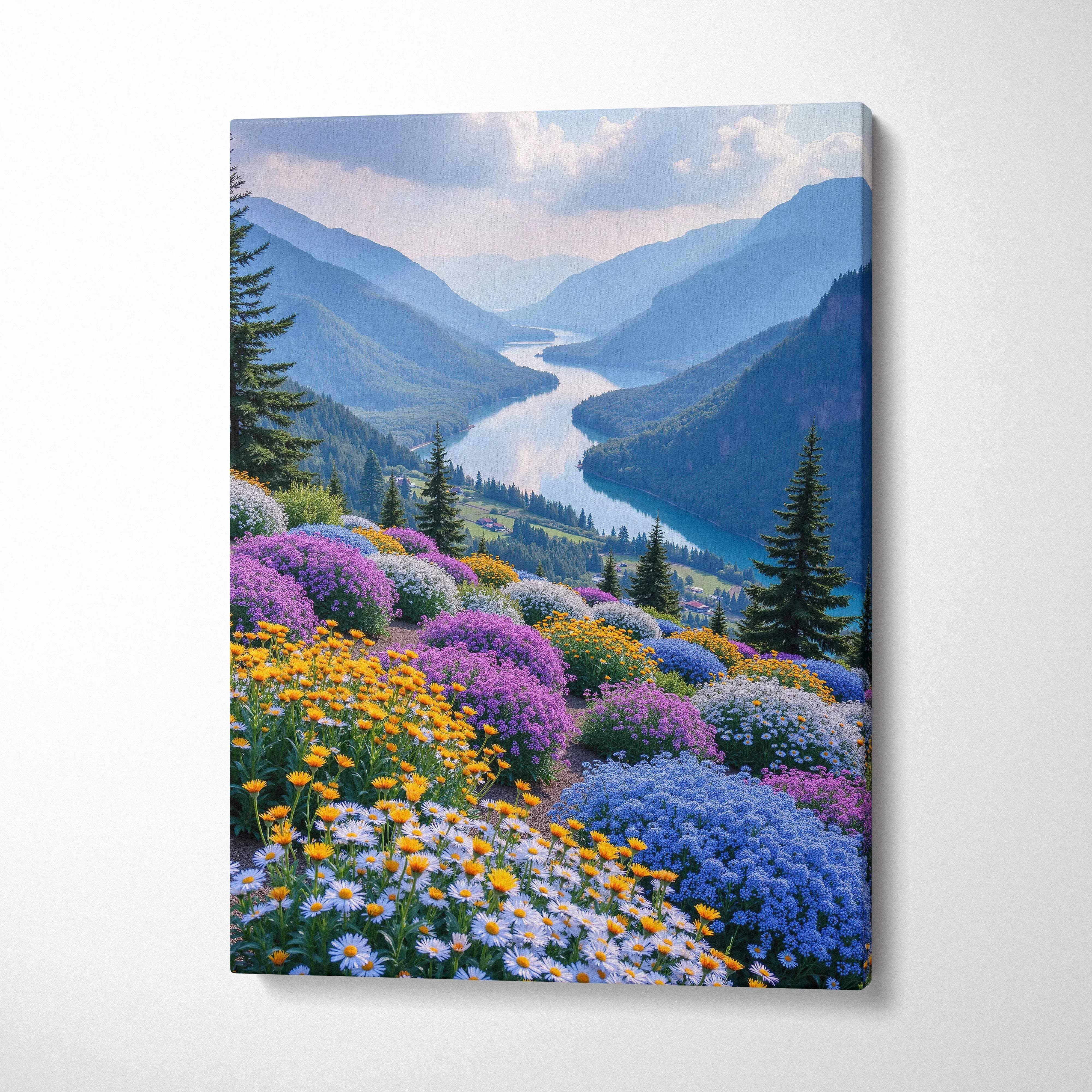 Canvas wall art featuring vibrant floral foreground with a winding river and blue mountain range under a bright sky.