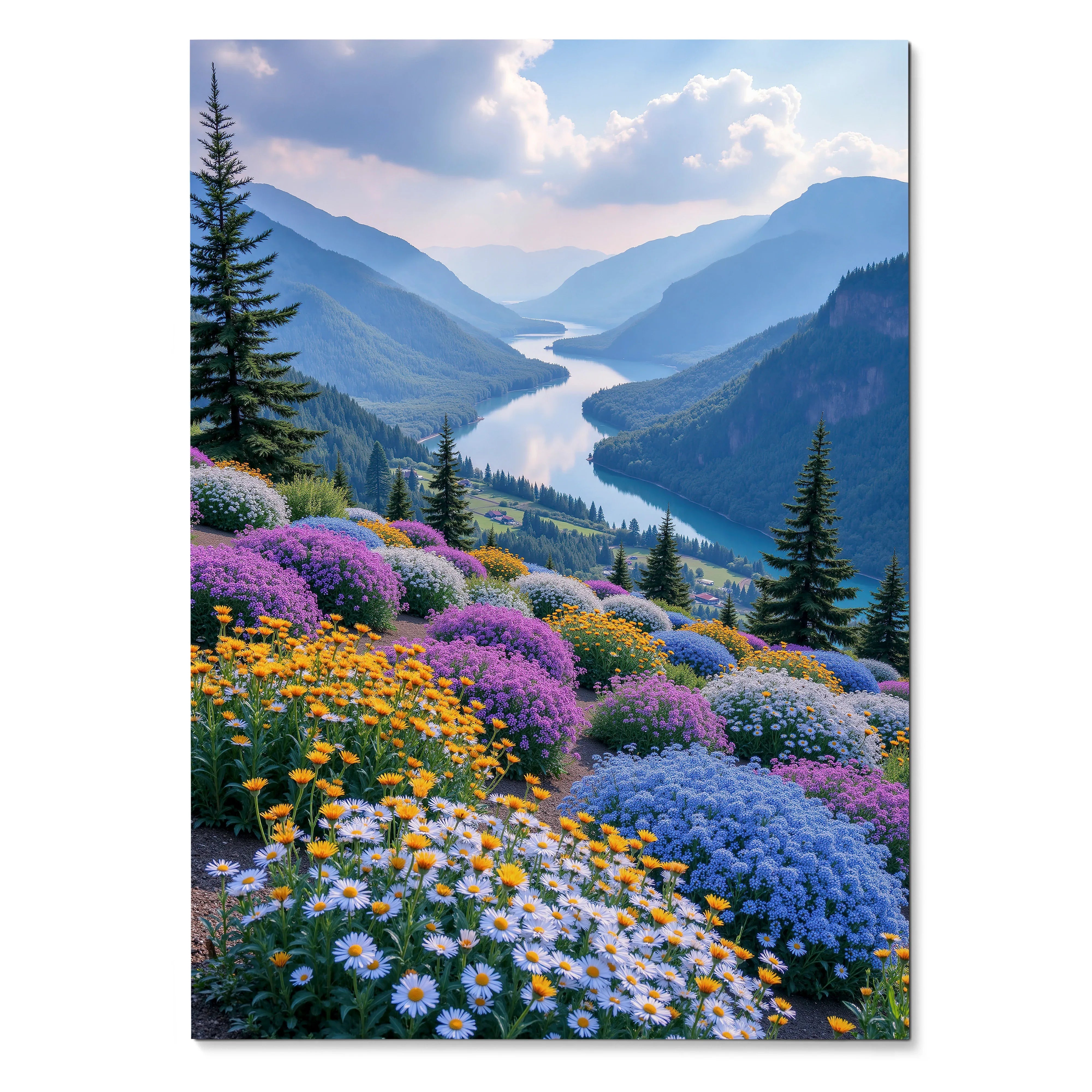 Vertical poster featuring vibrant wildflowers and pine trees with a scenic mountain river view wall art.