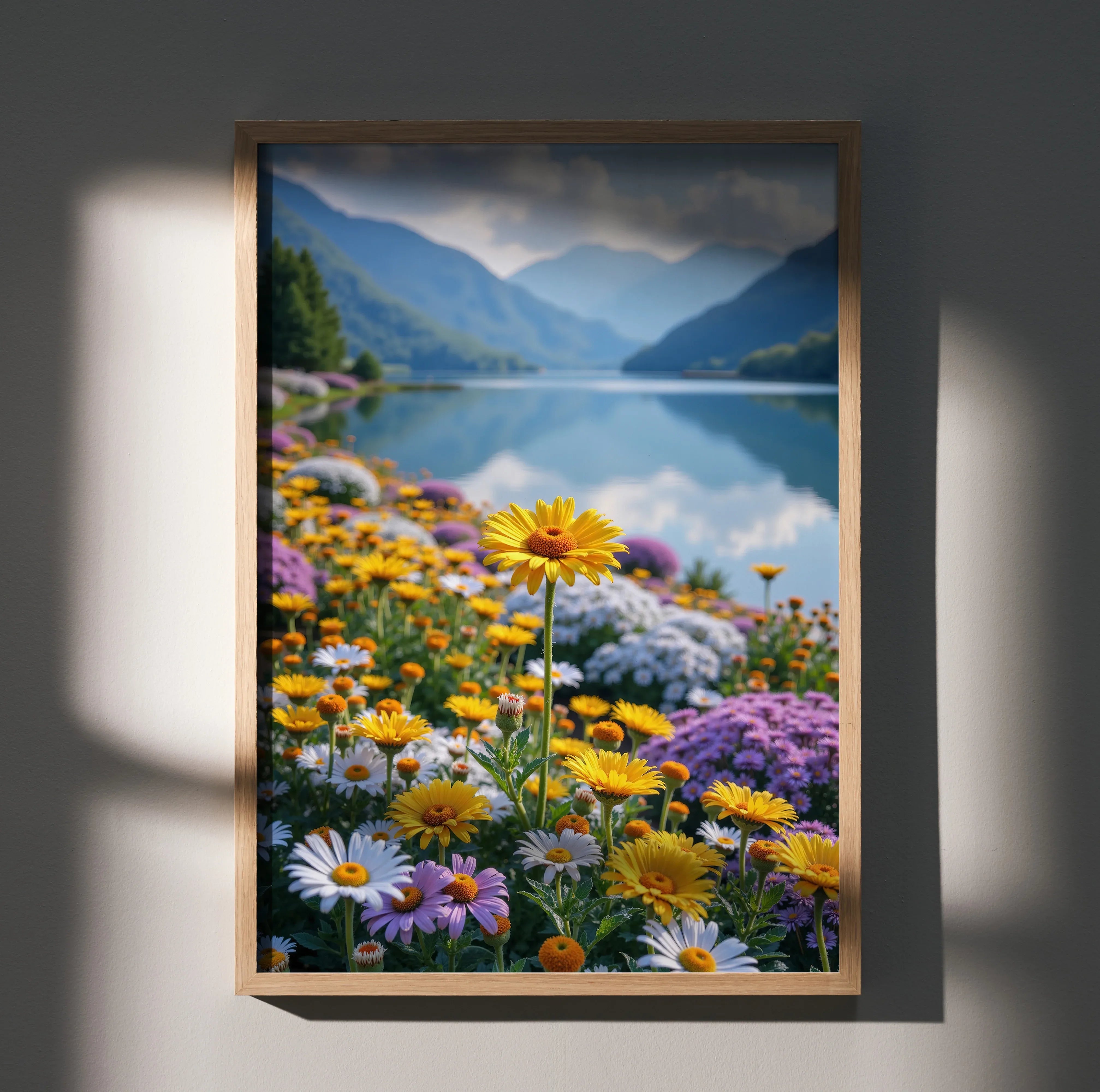 Vertical floral poster with yellow, white, and purple flowers overlooking a serene lake and mountains wall art.