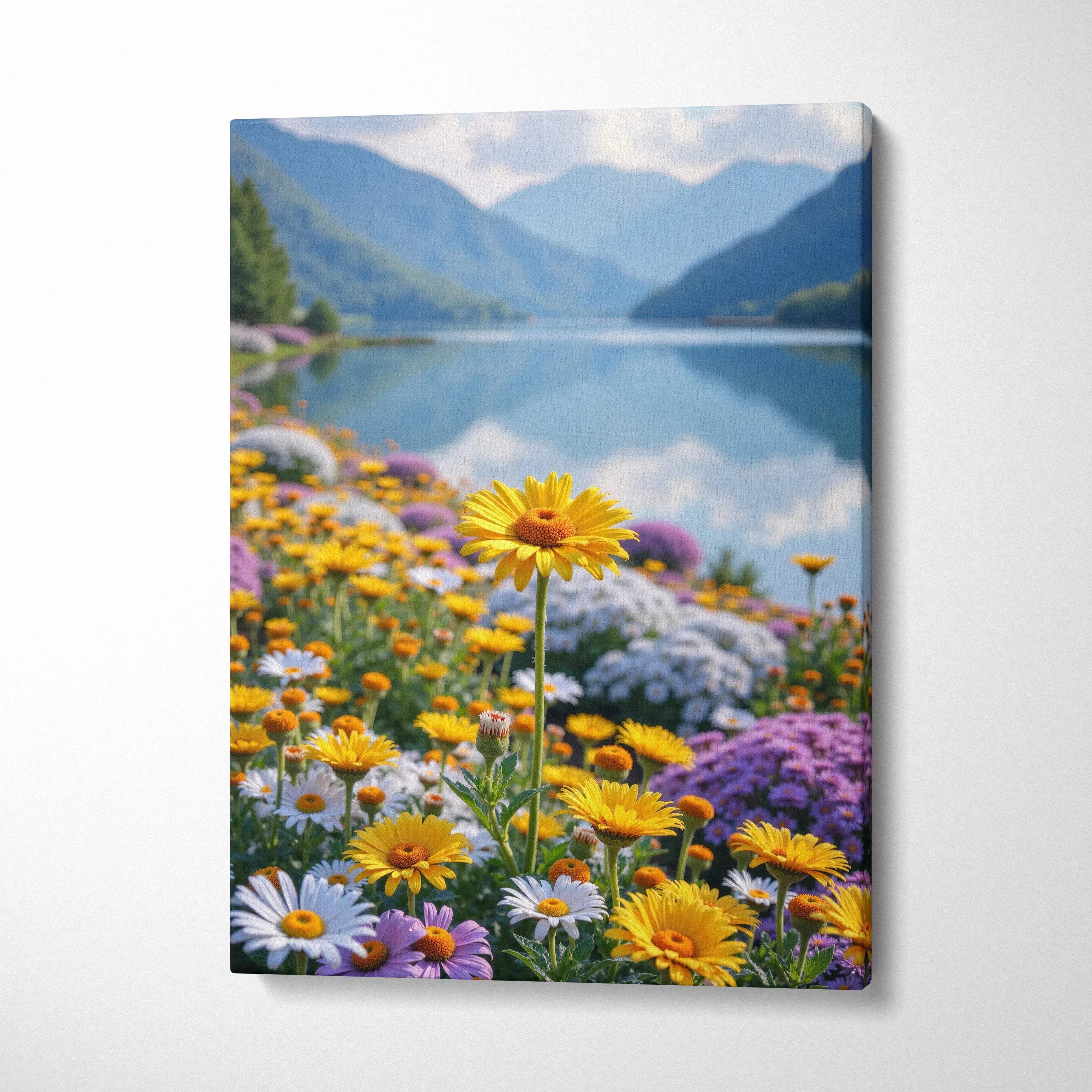 Canvas wall art featuring vibrant yellow and purple wildflowers by a serene mountain lake.