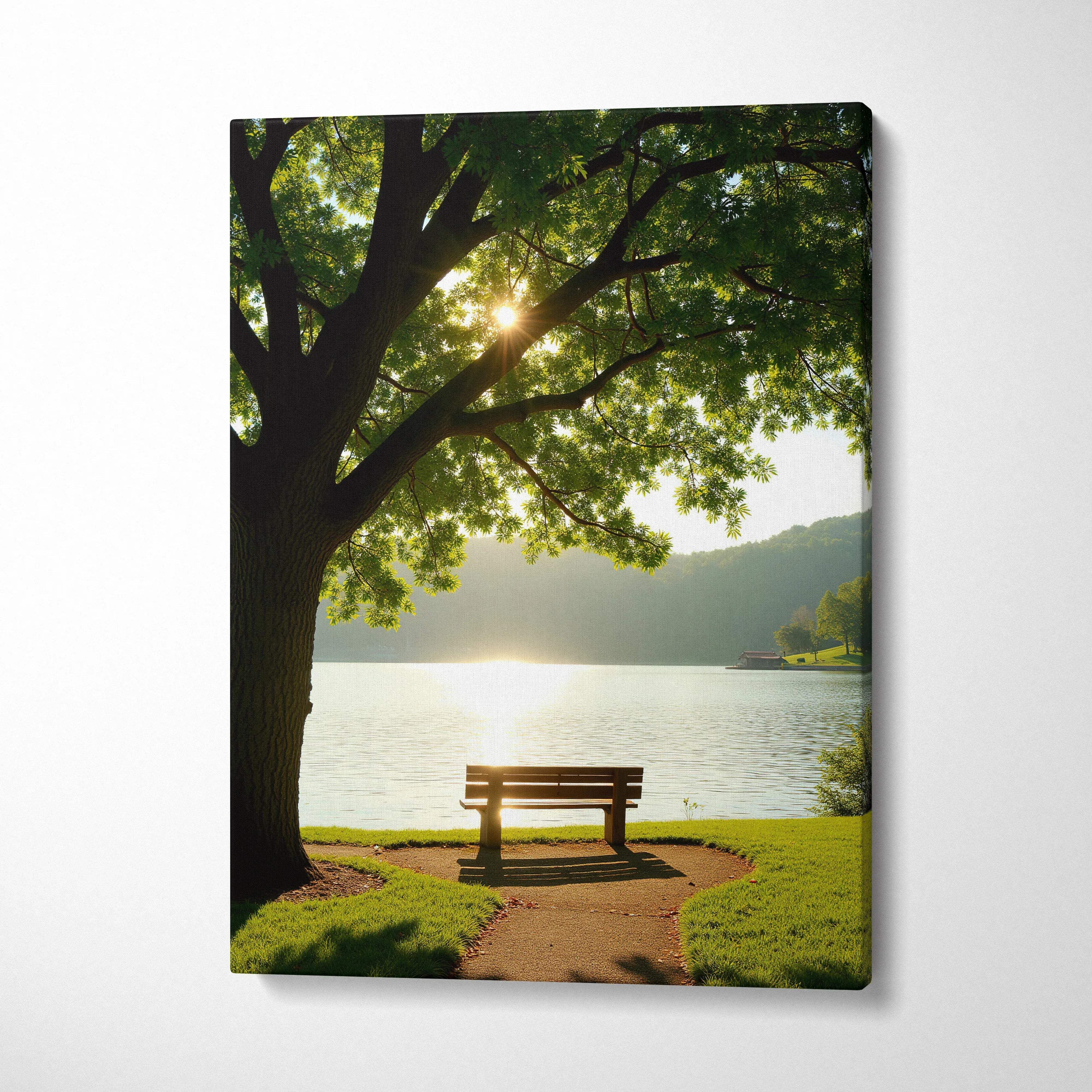 Canvas wall art featuring a serene lakeside scene with a wooden bench under a large leafy tree at sunrise.