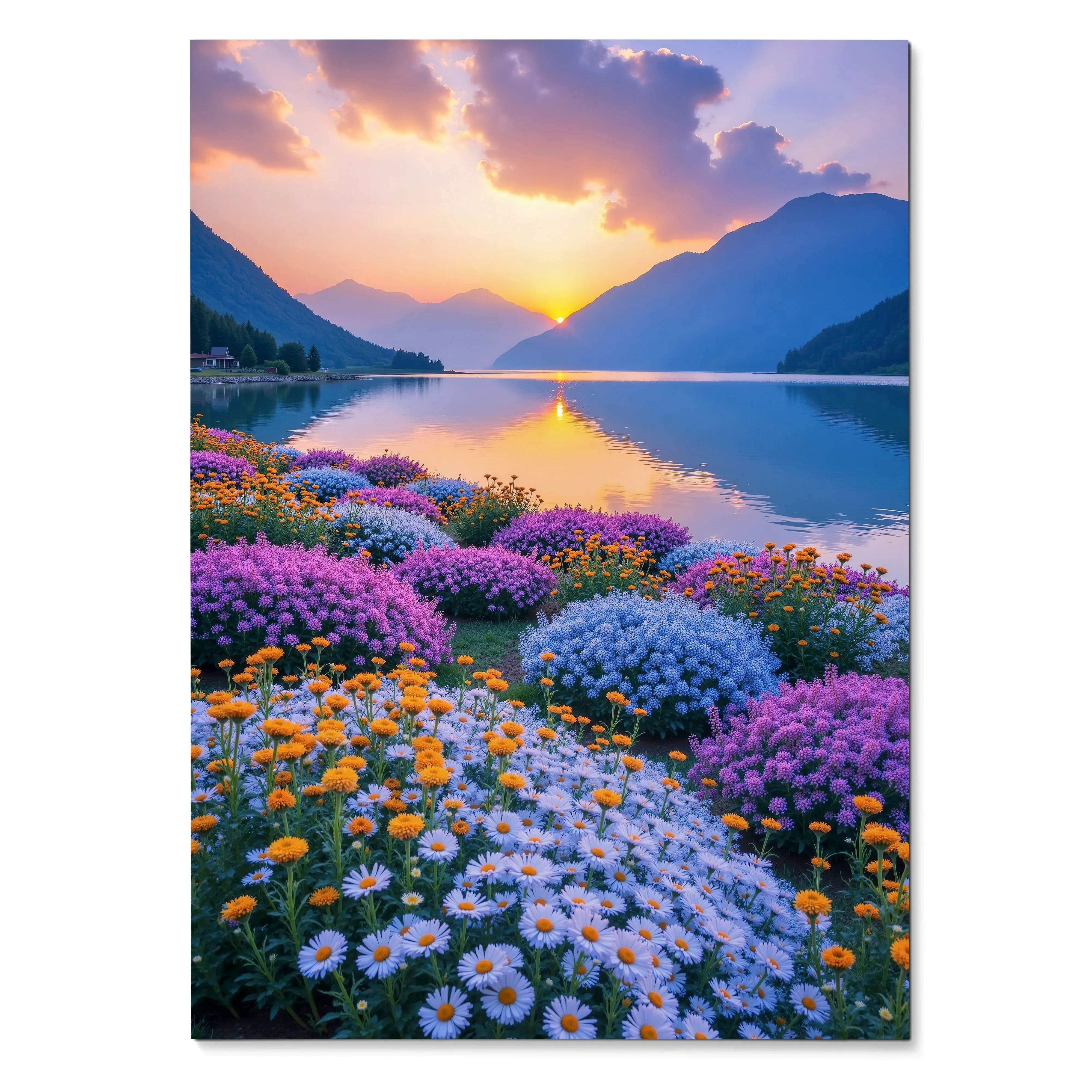 Vibrant floral sunset poster with colorful daisies and mountain lake reflected in calm water wall art.