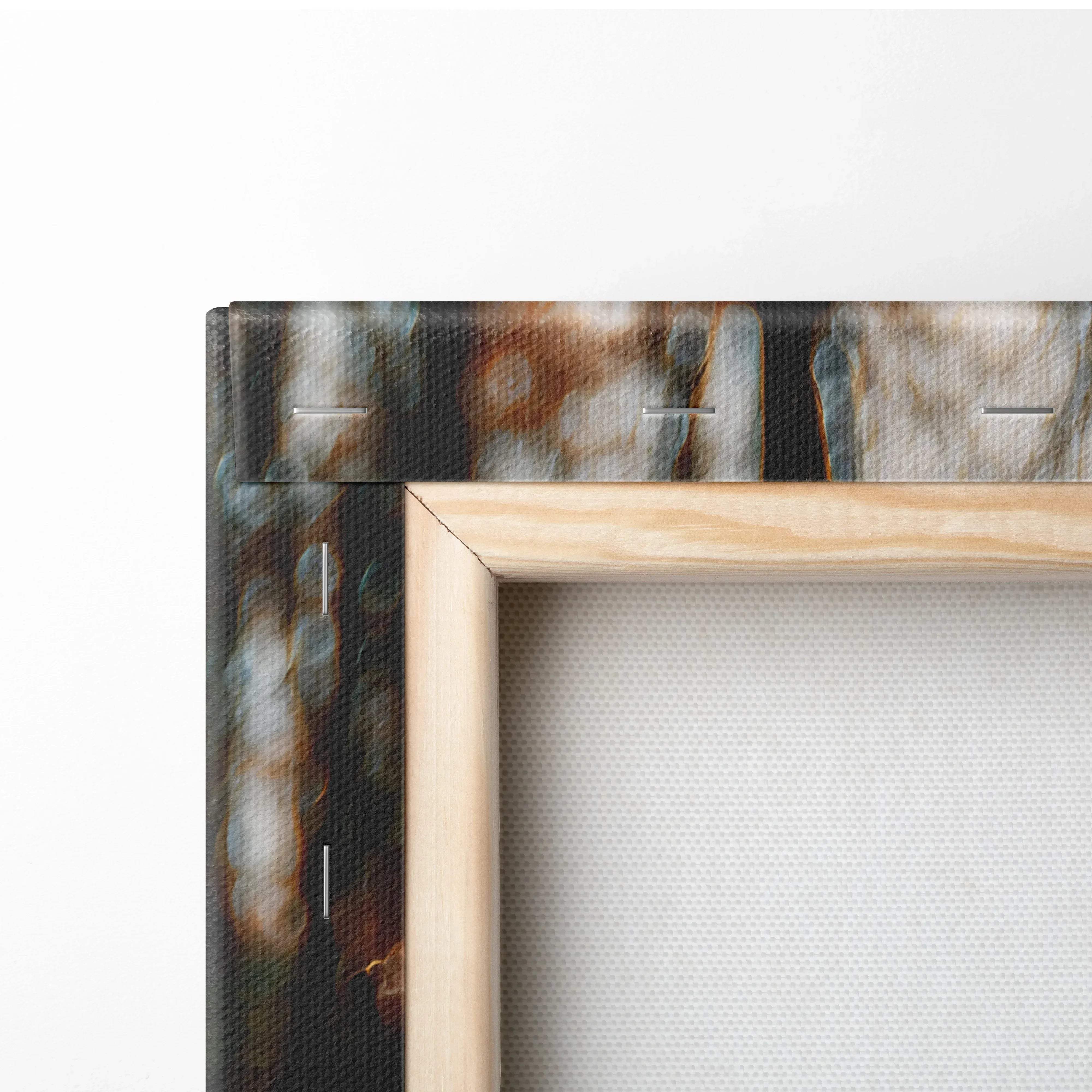 A rustic abstract canvas print with dark brown and muted blue swirls in a light wooden frame for autumn forest decor