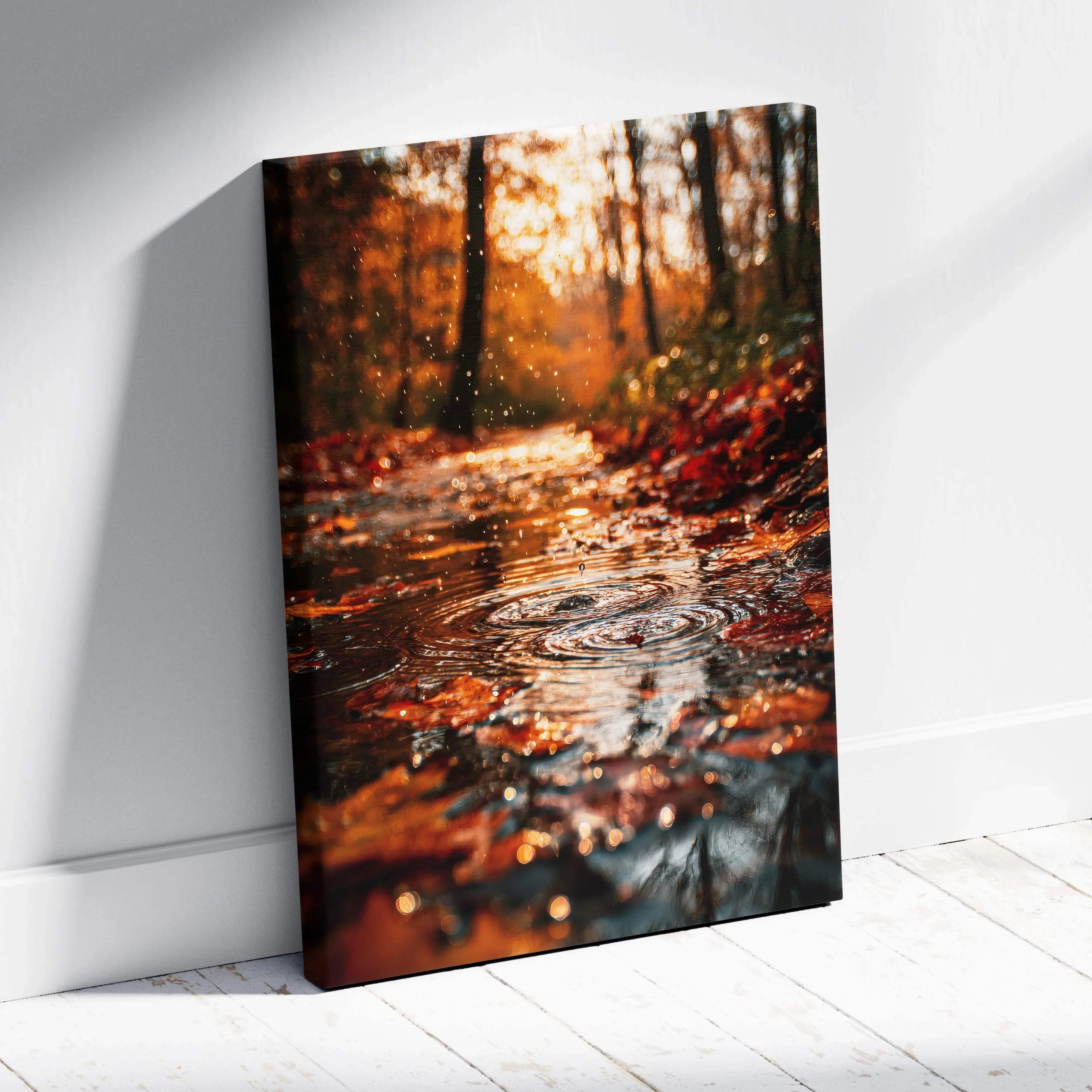 Rectangular canvas wall art of autumn forest landscape with warm golden tones and fiery red orange leaves reflecting on water
