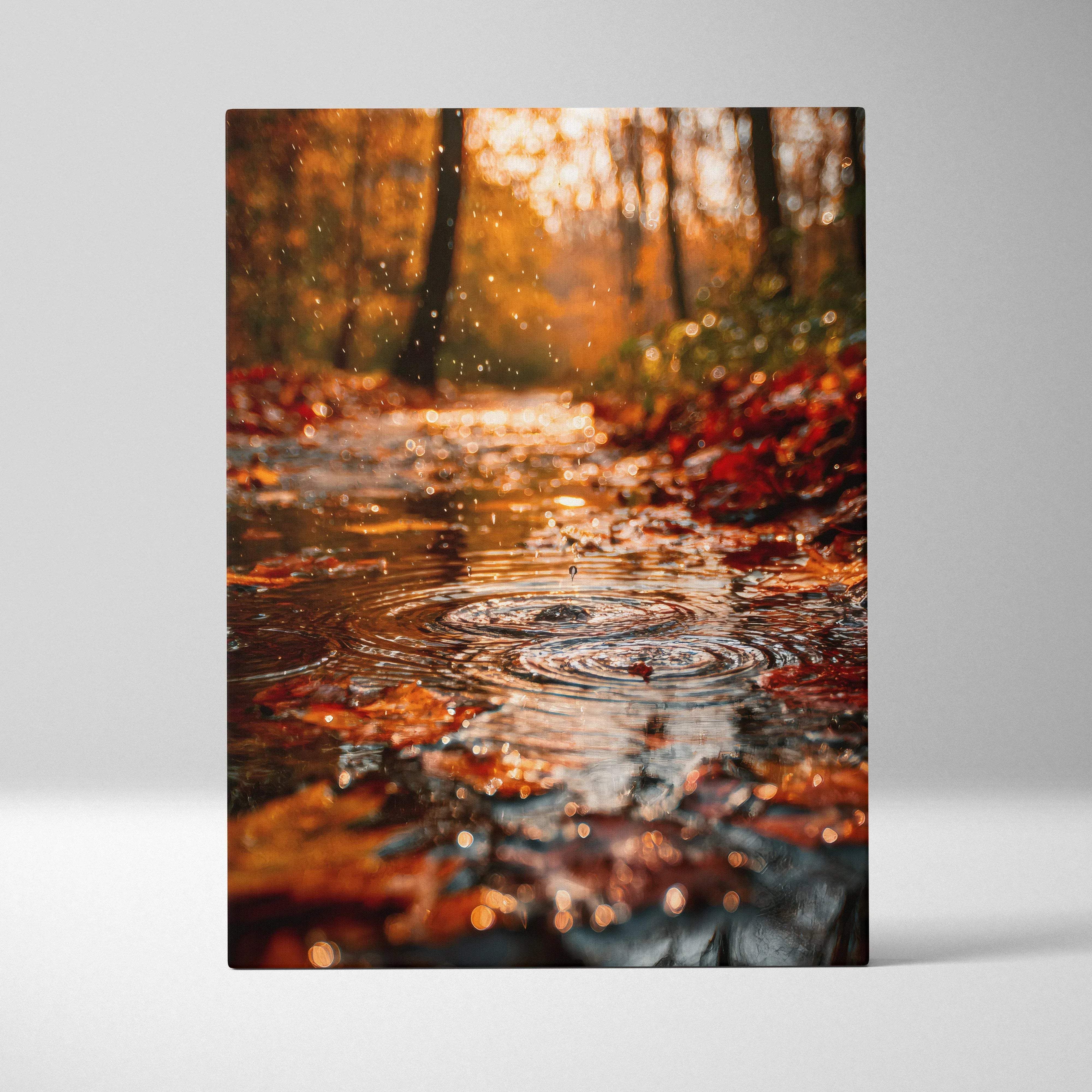 A rectangular canvas print of an autumn forest landscape with golden light and fiery red orange leaves reflecting off water