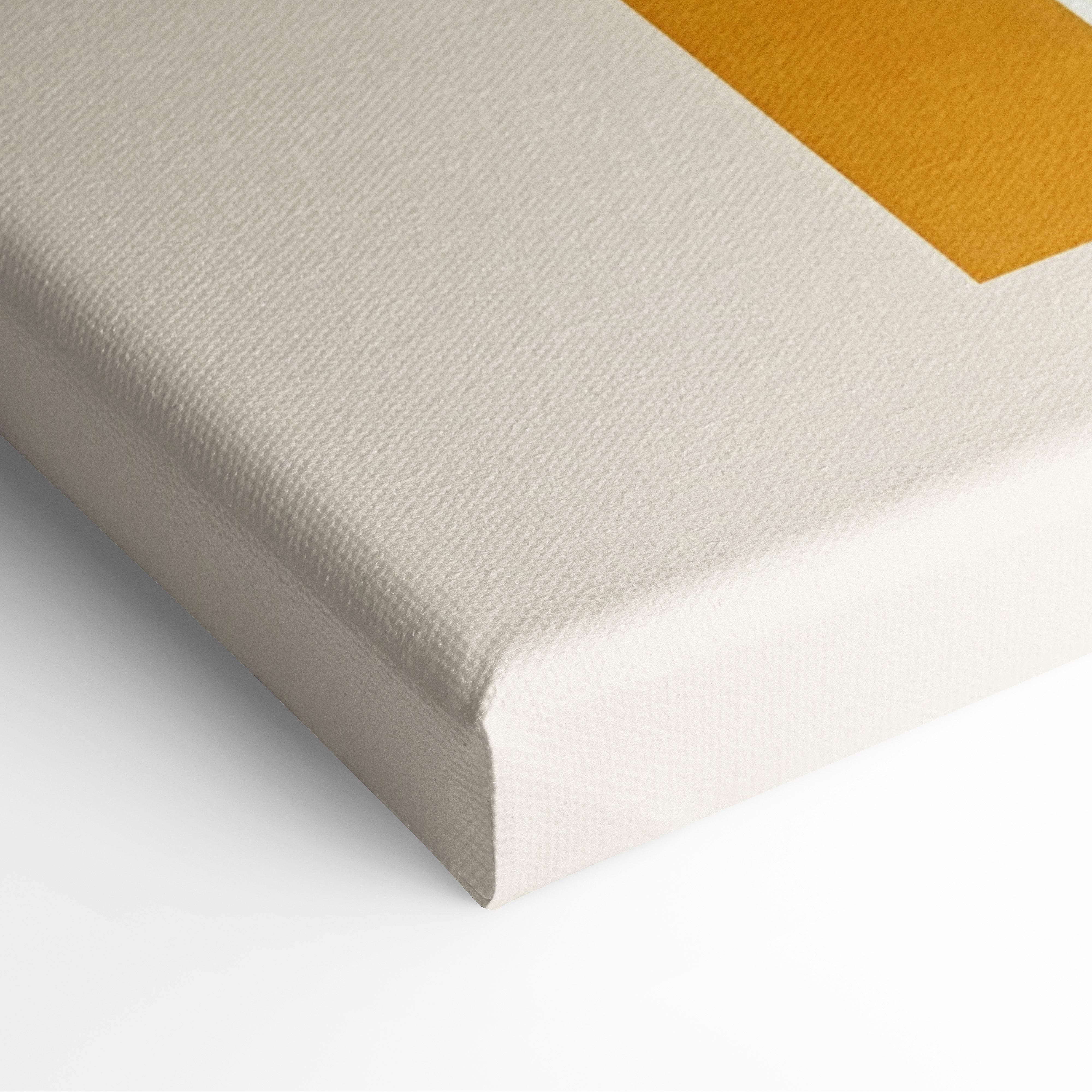 Beige canvas wall art with textured surface and bold mustard-yellow geometric shape for modern boho decor