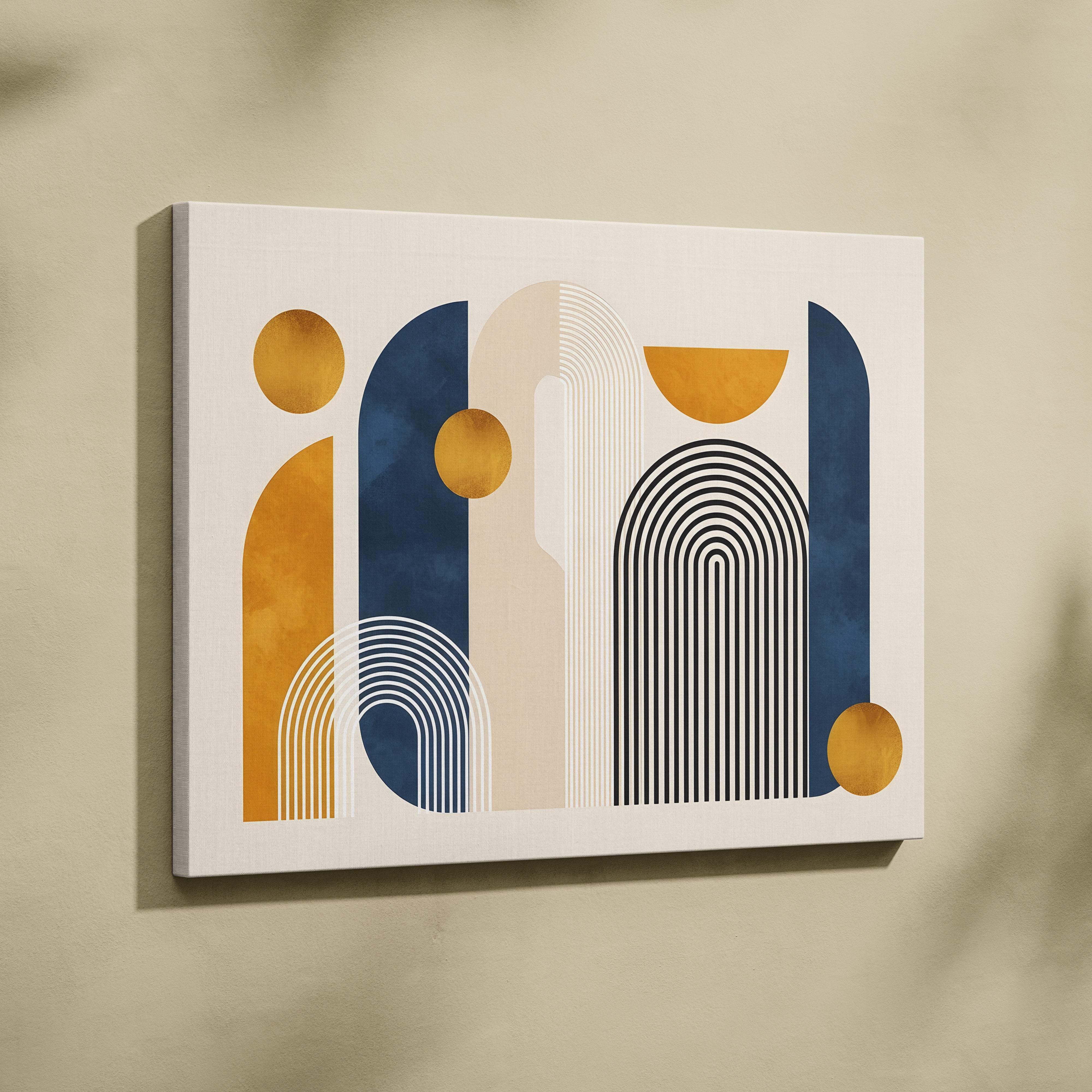 Modern abstract boho geometric canvas wall art with navy blue gold and white layered arches and circles for living room