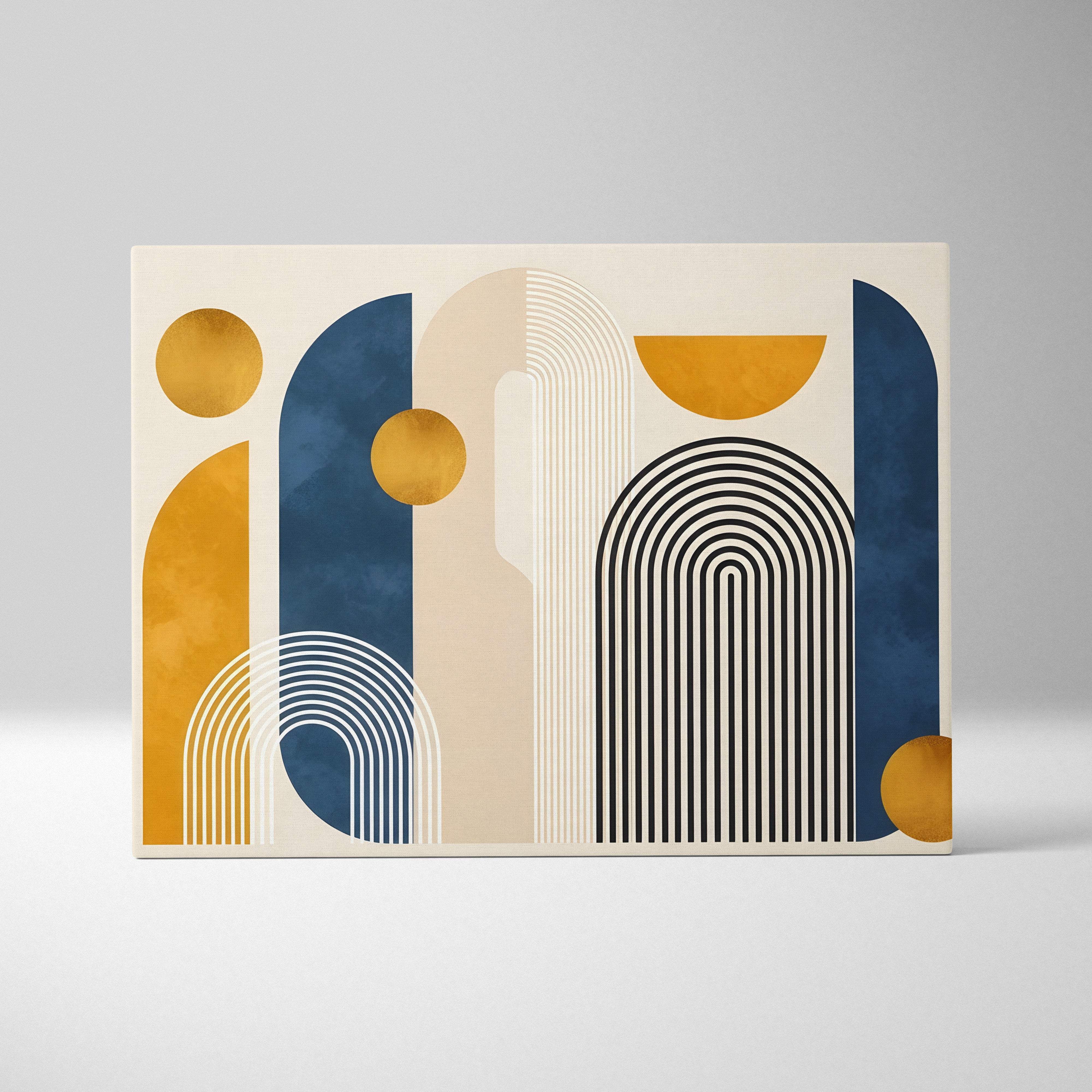 Boho geometric canvas wall art with bold navy blue mustard gold and cream curved shapes for modern bohemian decor