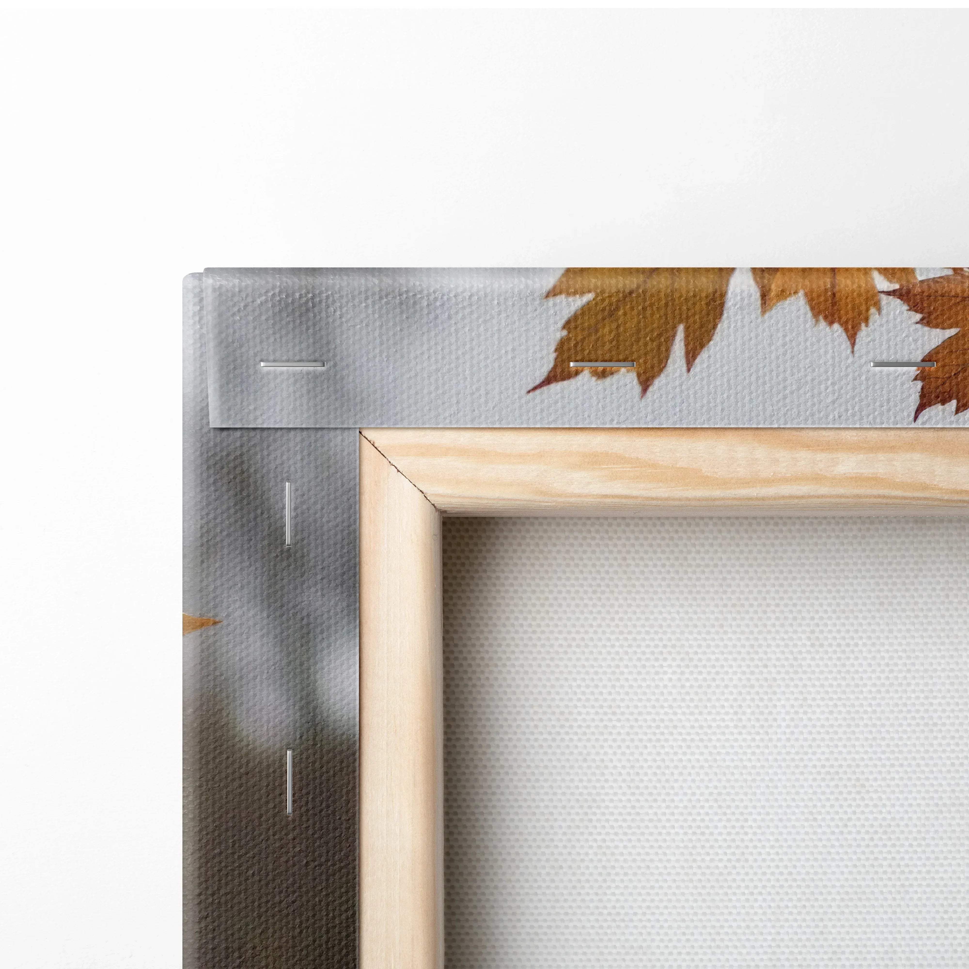 Light wood-framed canvas print with subtle autumn leaf design in warm brown tones for autumn forest decor