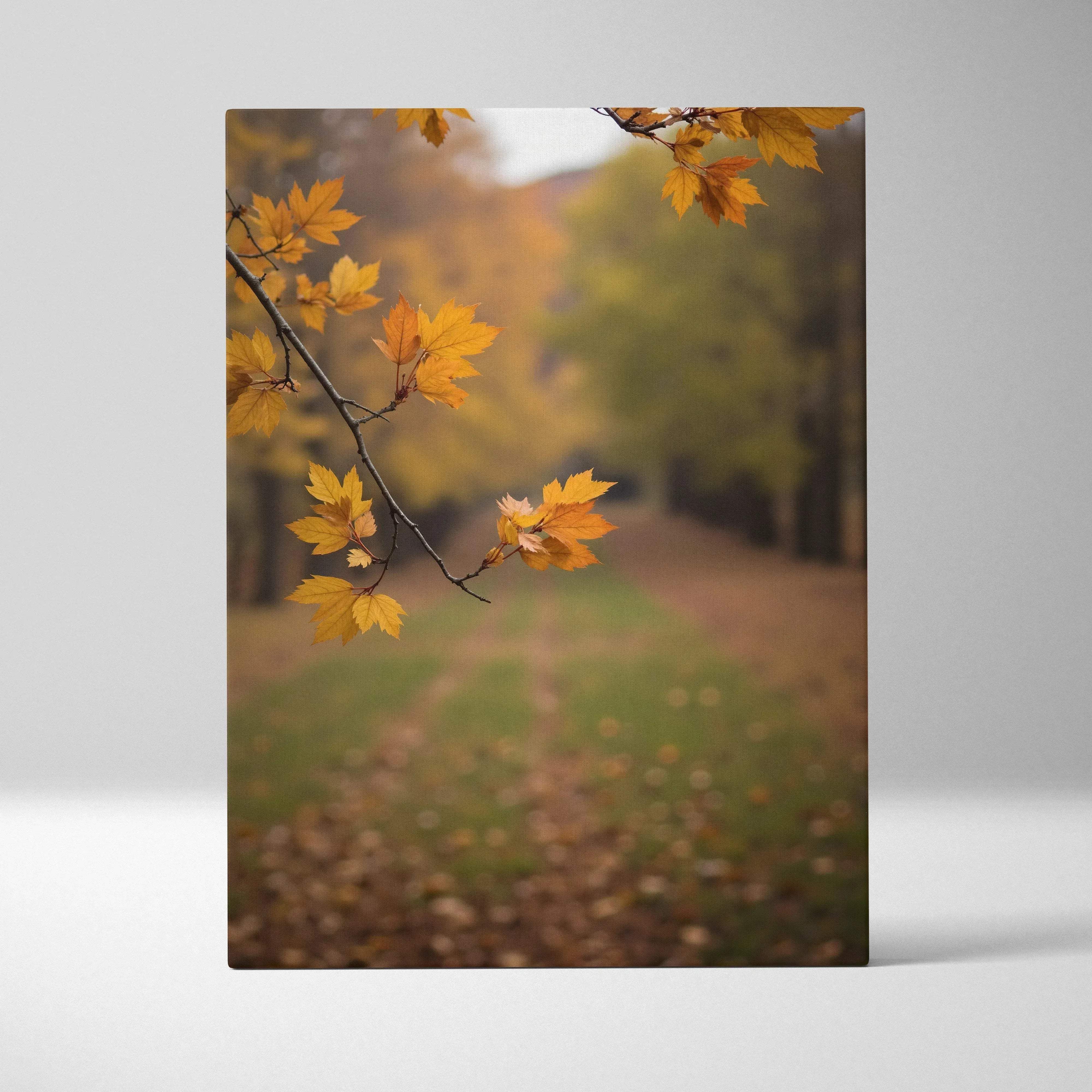 A rectangular canvas print of a serene autumn forest path with vibrant golden maple leaves in warm autumn hues