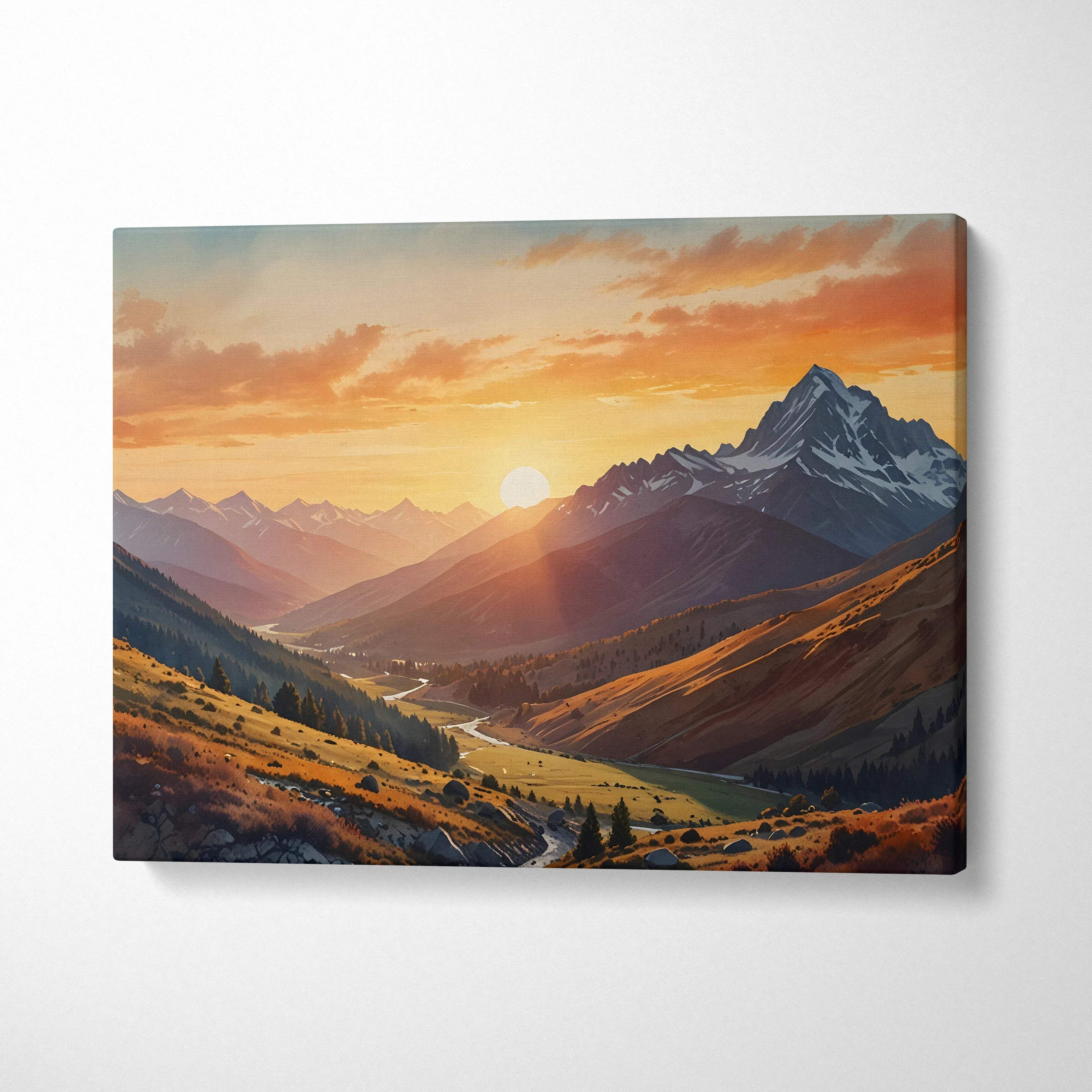 Canvas Wall Art Sunset Mountain Landscape With Majestic Peaks At Dusk ...
