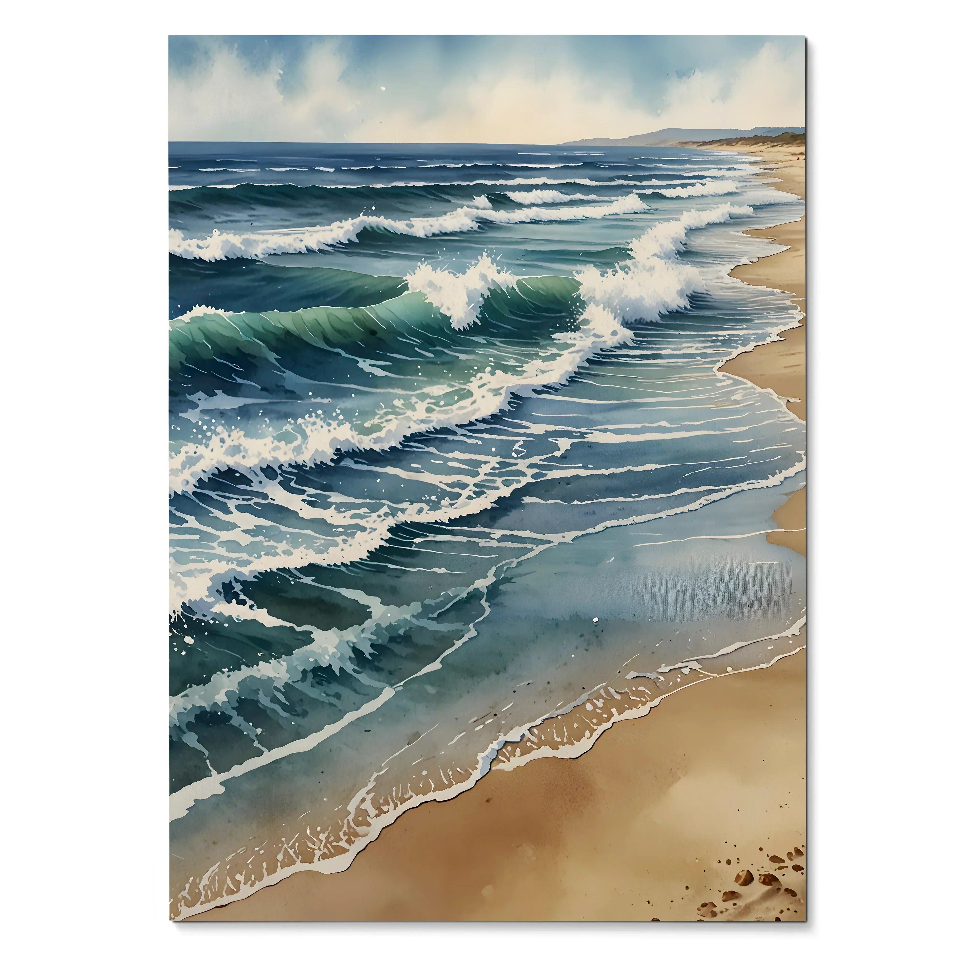 Vertical watercolor style ocean beach poster with waves crashing on sandy shore wall art.