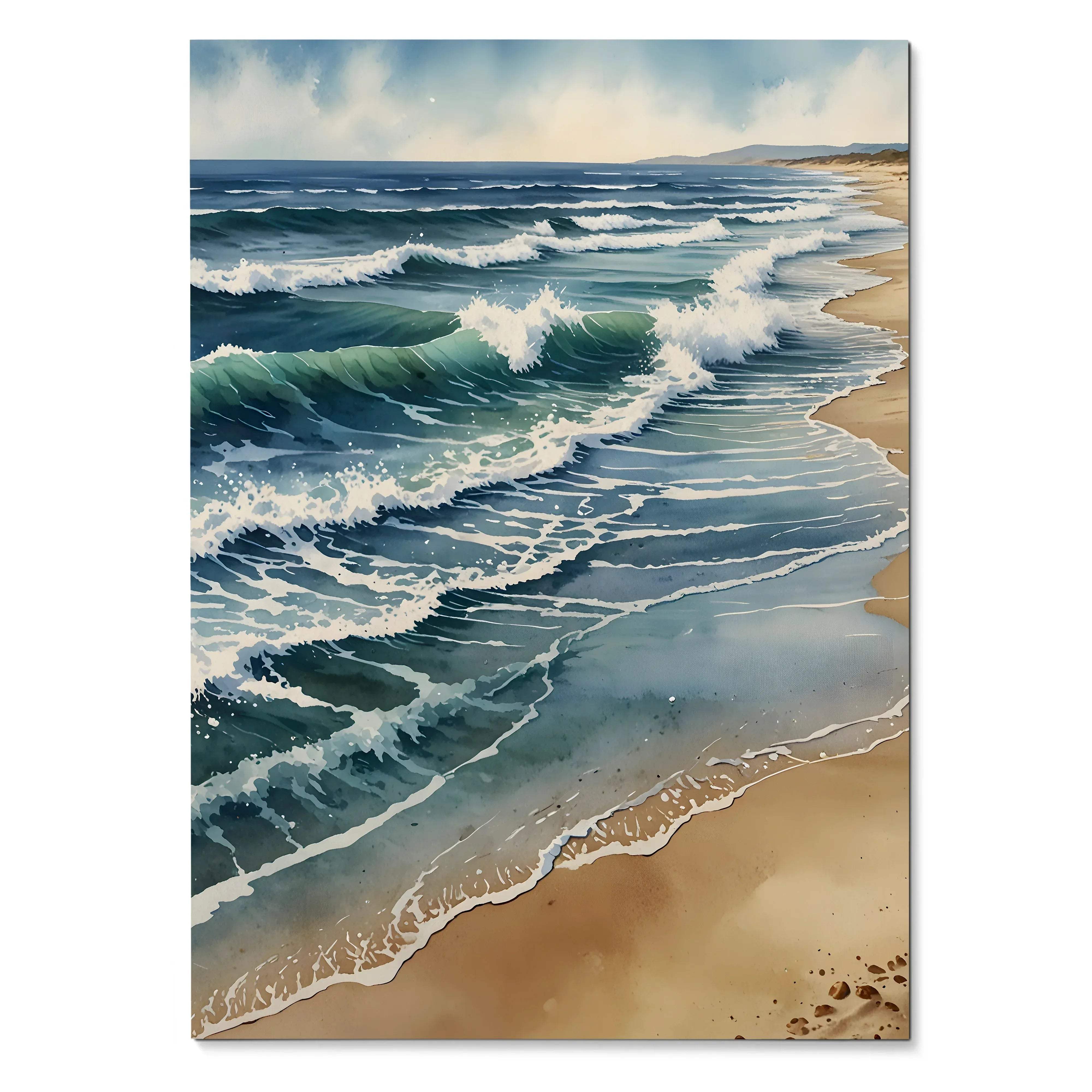 Vertical watercolor style ocean beach poster with waves crashing on sandy shore wall art.