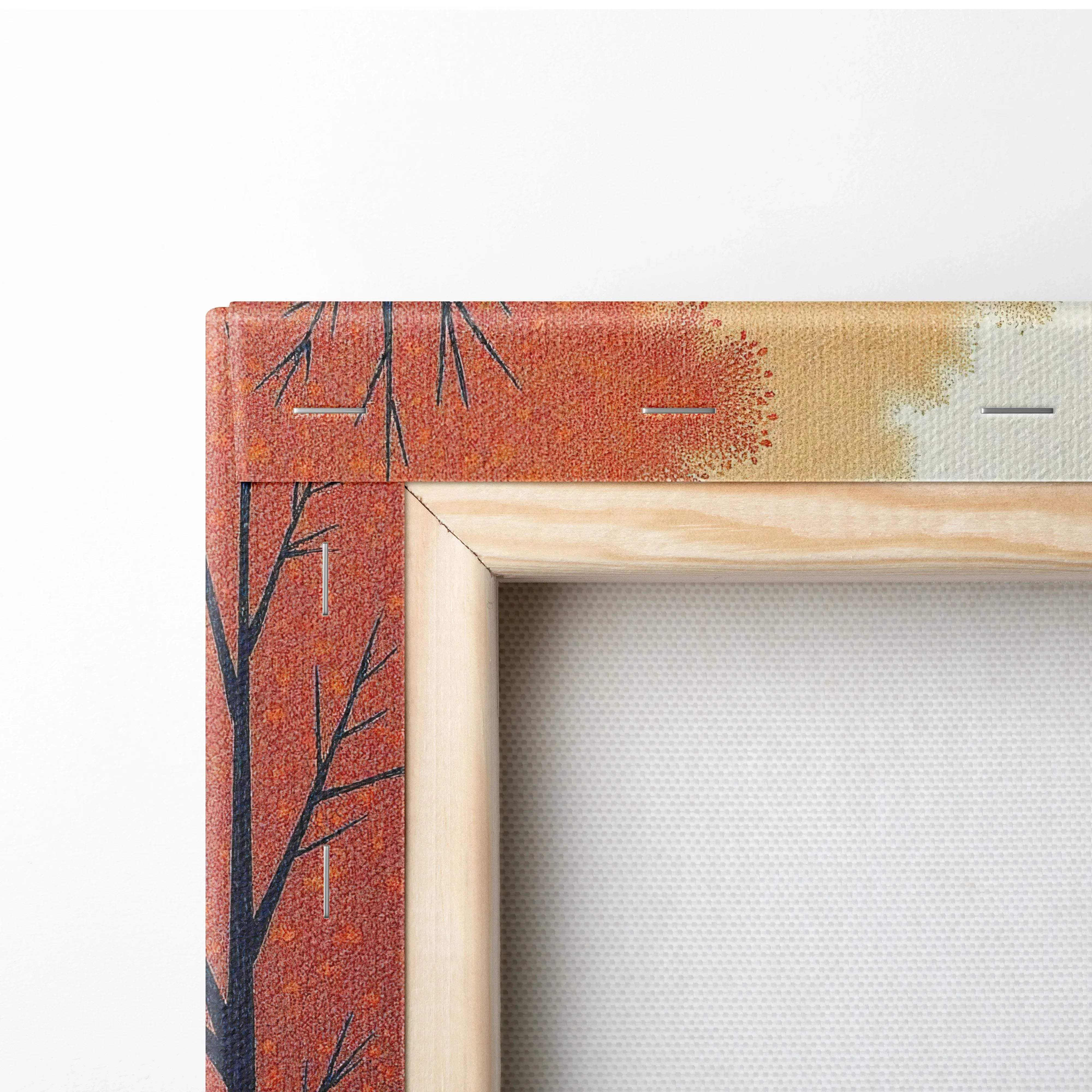 A wooden canvas frame featuring textured orange and beige autumn tree design for wall art decoration