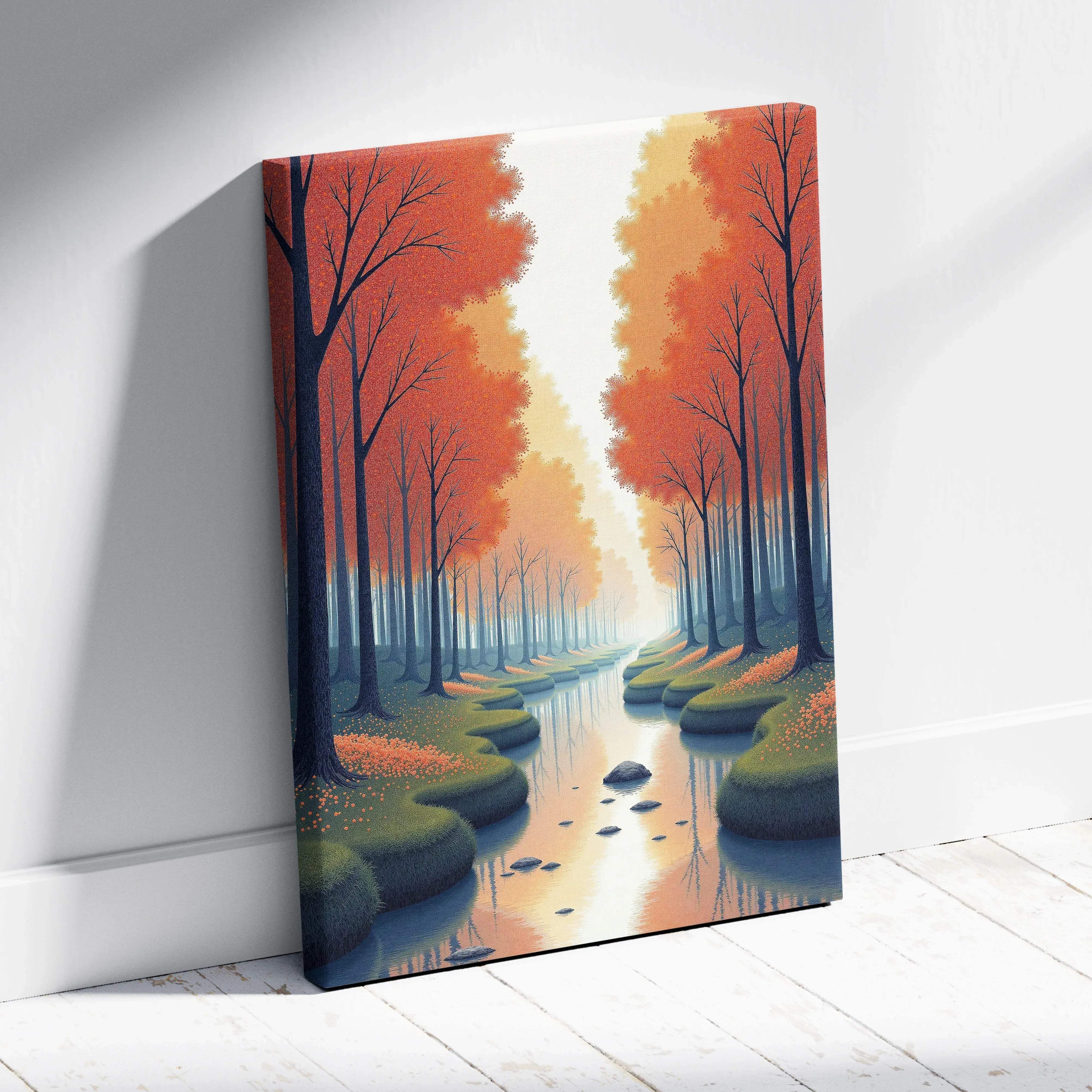 Canvas wall art of an ethereal autumn forest path with vibrant orange and red foliage and a soft gradient sky