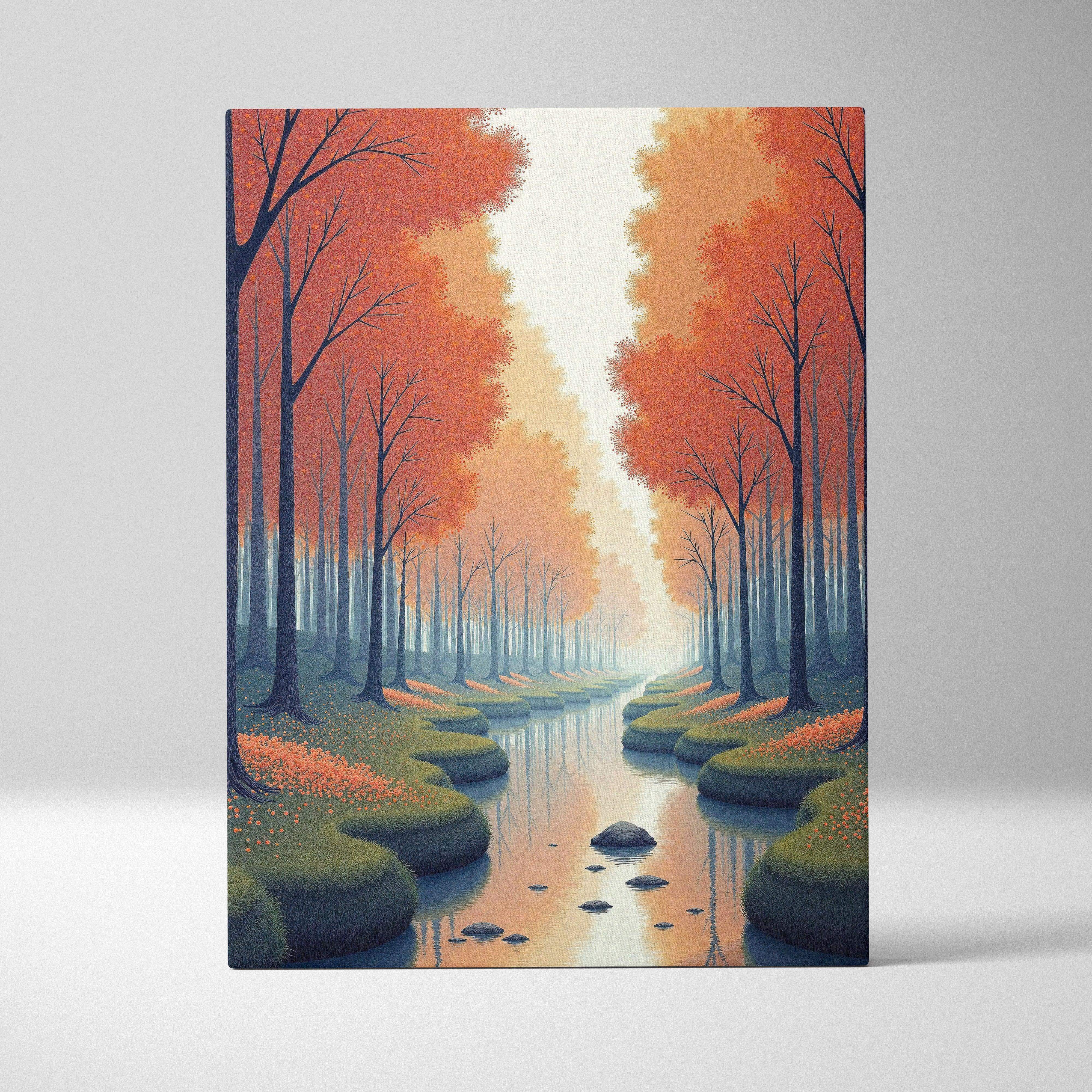A rectangular canvas wall art showing an ethereal autumn forest river landscape with warm orange hues and serene reflections