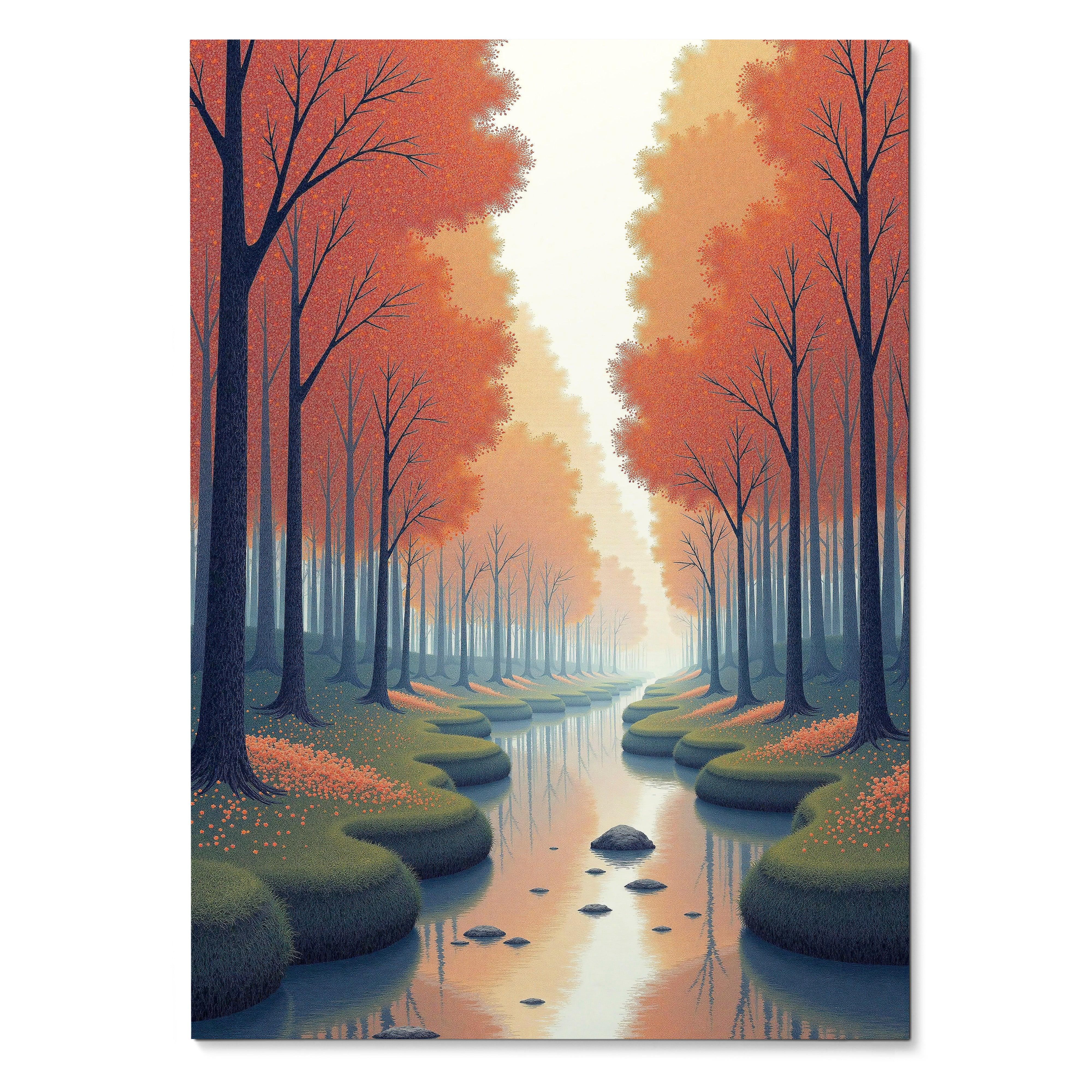 Vertical autumn forest digital art poster with orange trees and reflective stream wall art.