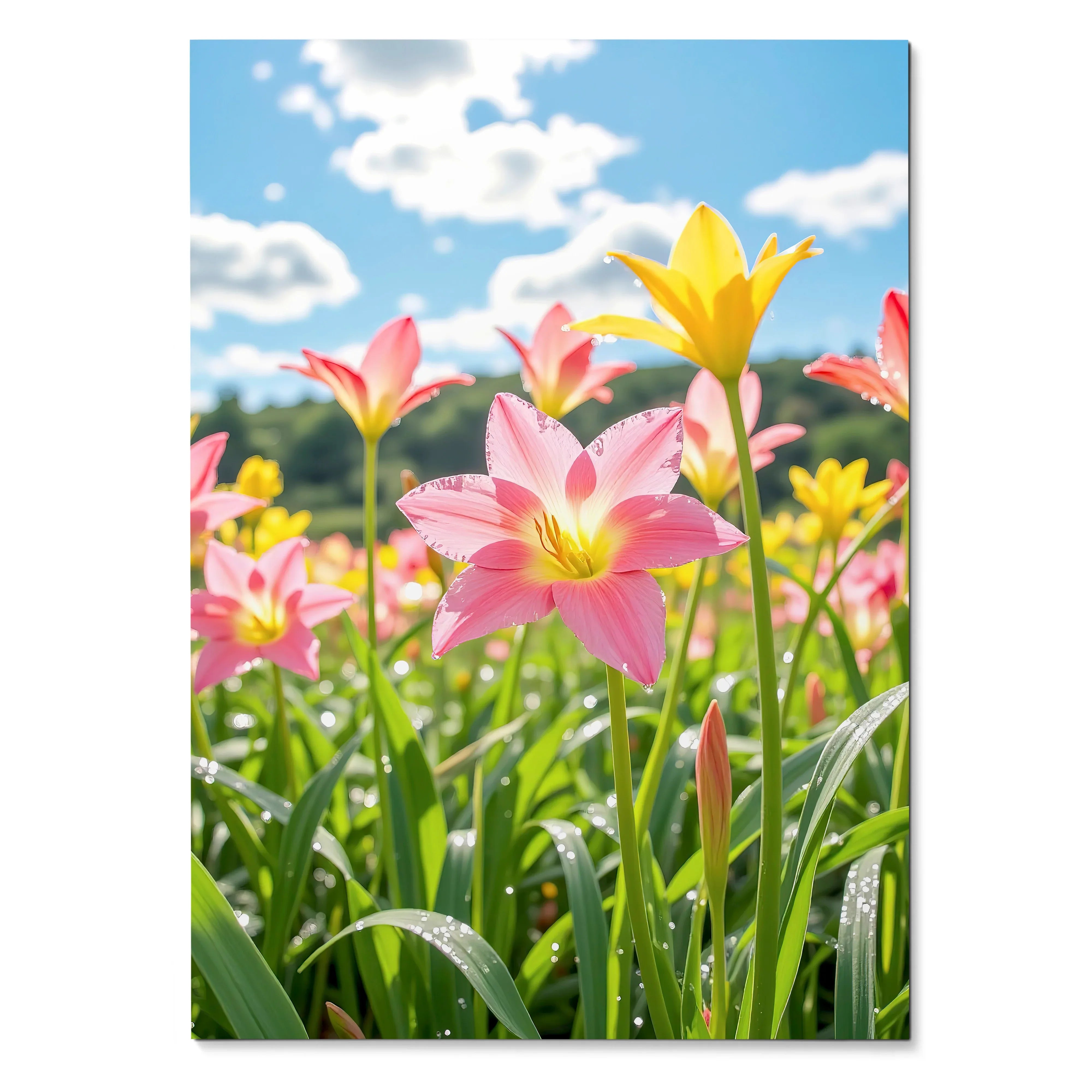 Vertical floral nature wall art poster featuring pink and yellow flowers under a bright blue sky.