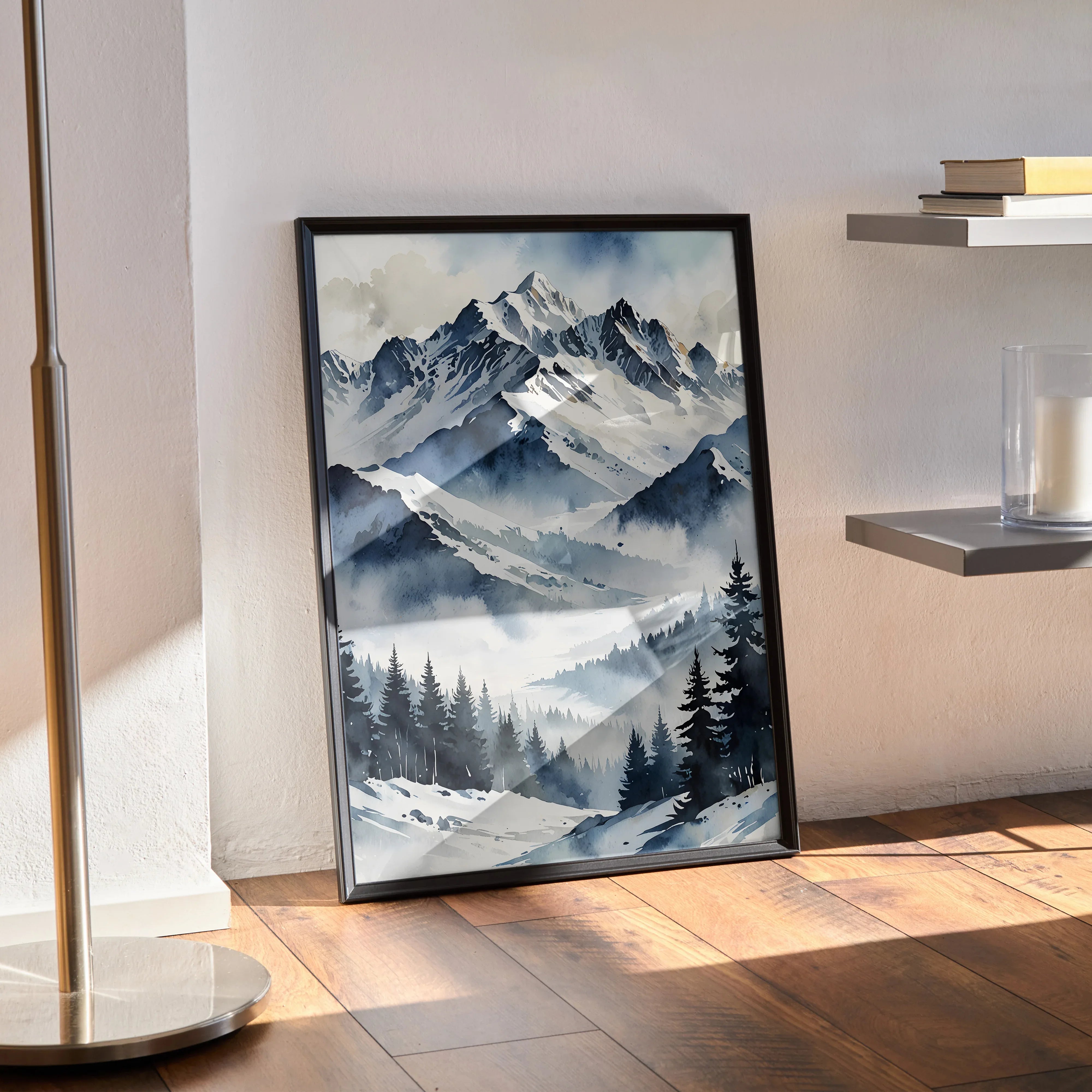 Watercolor style poster wall art featuring snowy mountains with pine trees in cool blue and gray tones.