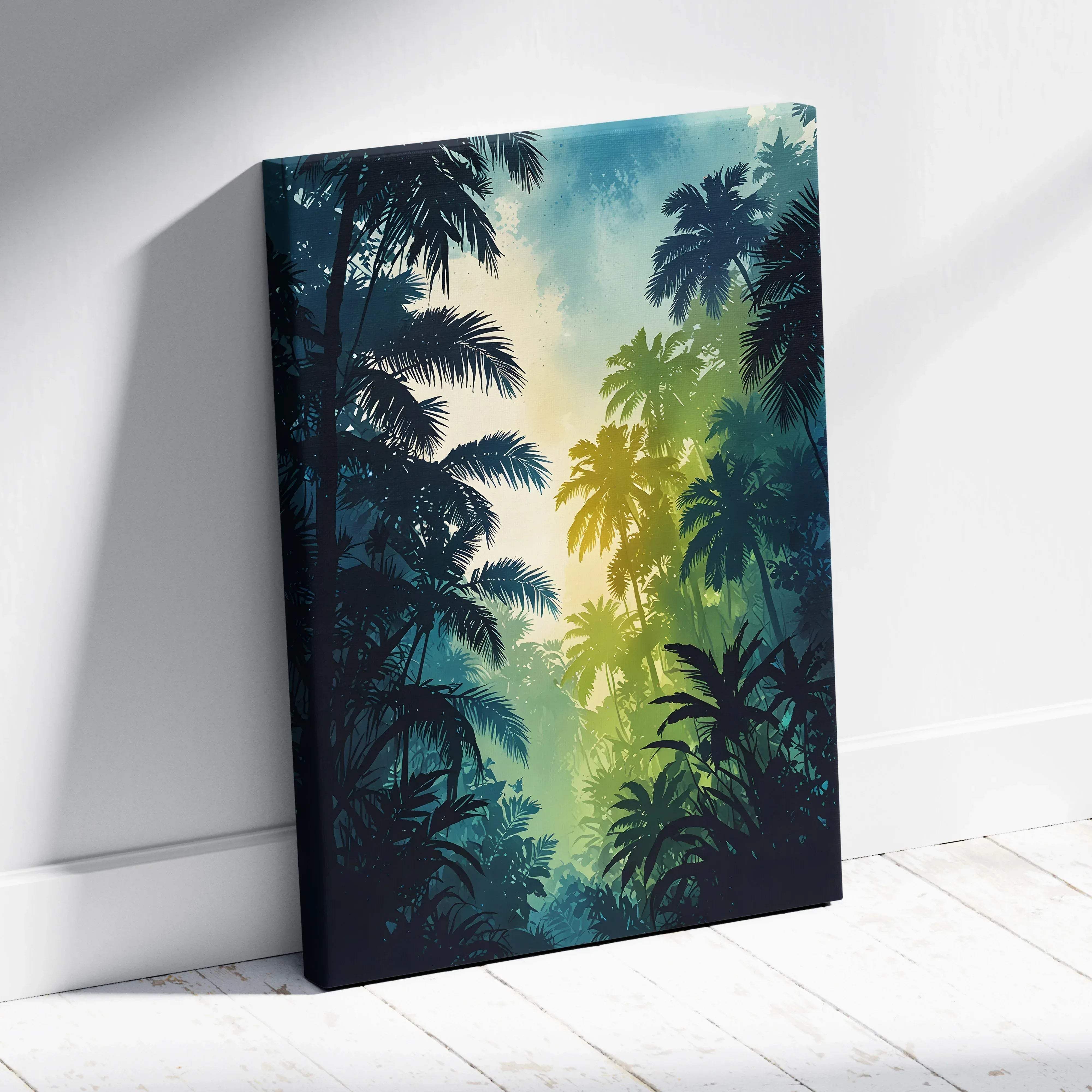 Rectangular canvas print of tropical jungle silhouette with palm trees against sunlit gradient teal to yellow sky