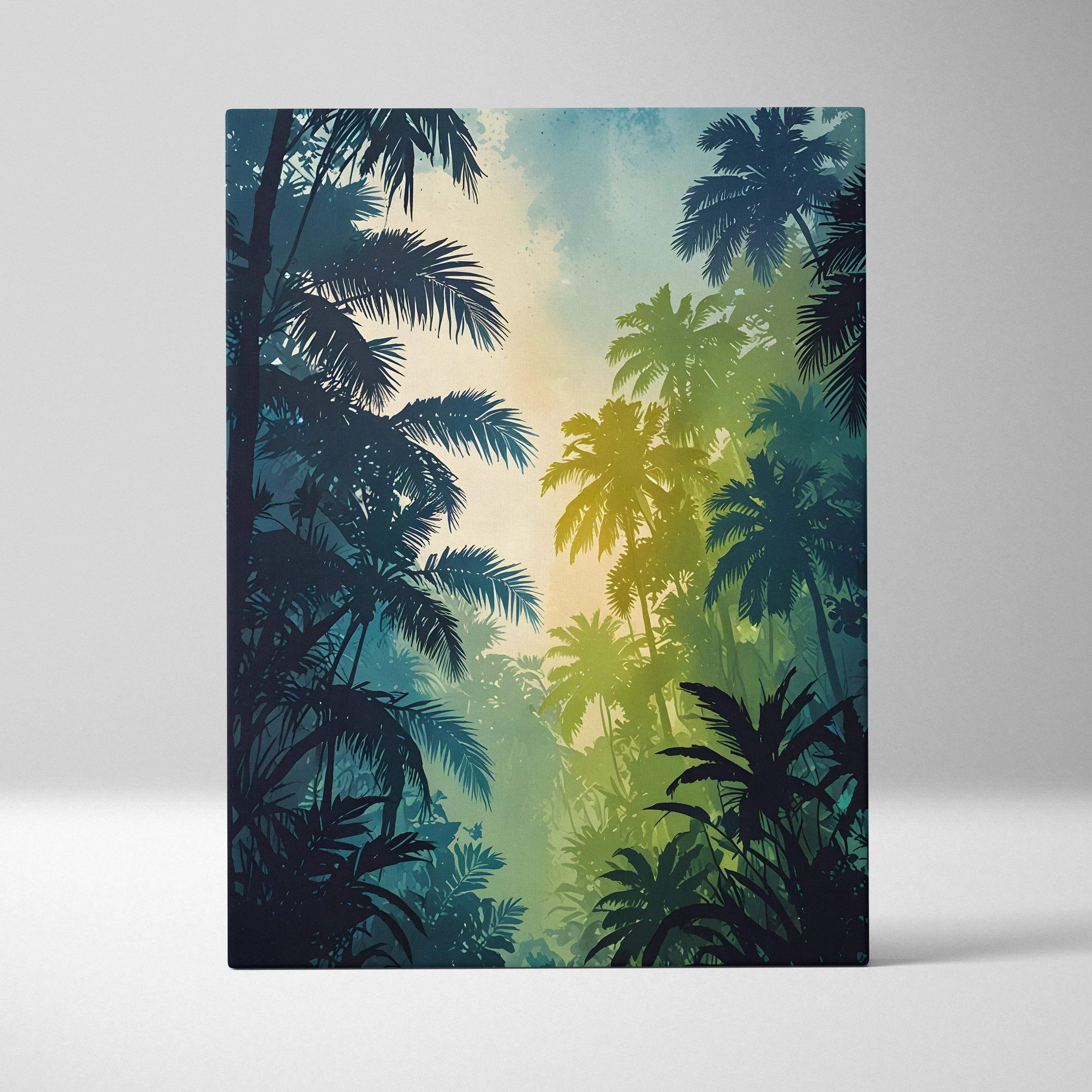 A rectangular canvas print of tropical jungle silhouette with palm trees and sunlit gradient sky in blues and greens