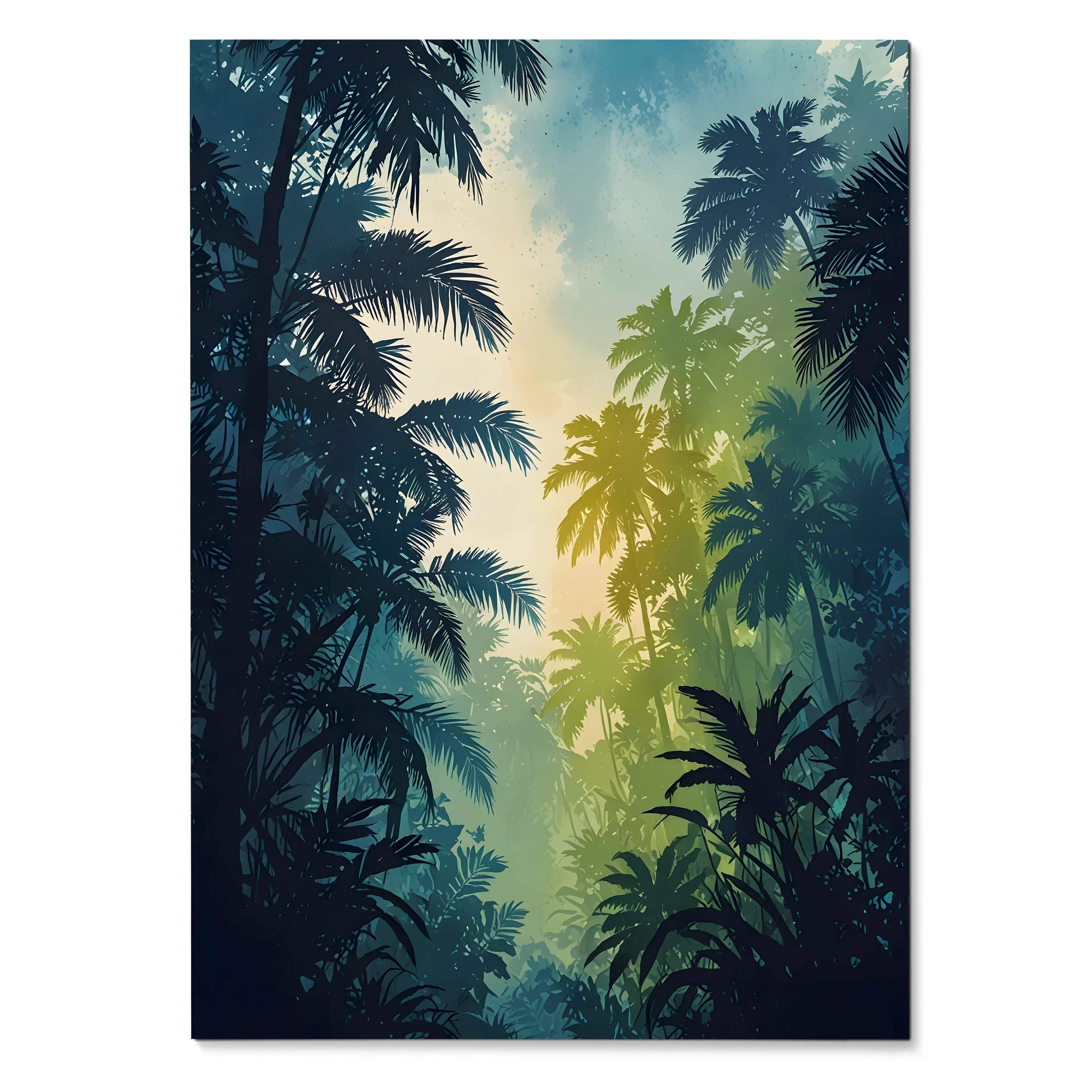 Vertical watercolor forest poster with lush silhouetted palm trees and misty light background wall art.