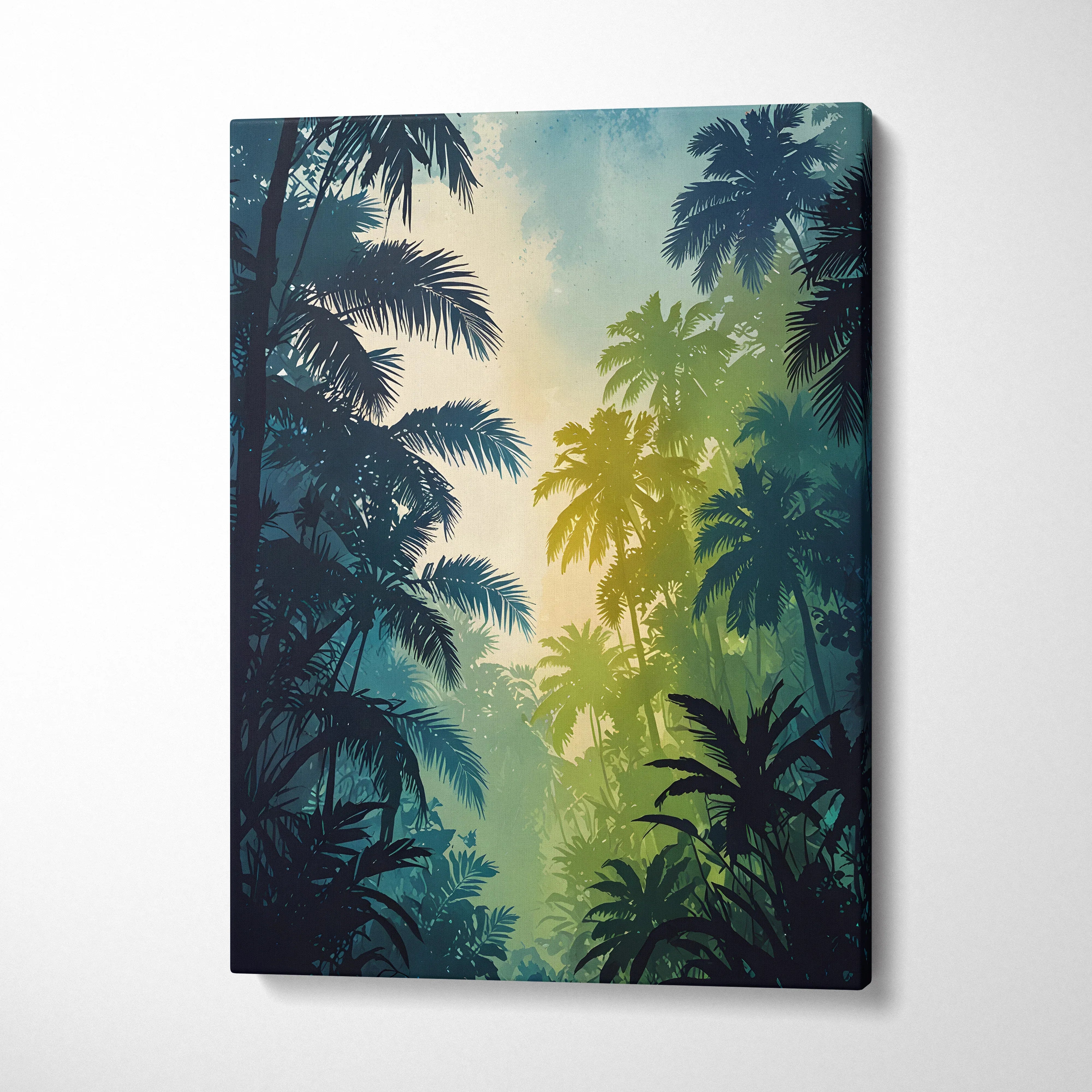 Vertical canvas wall art featuring a tranquil forest scene with layered palm silhouettes and a soft gradient sky.