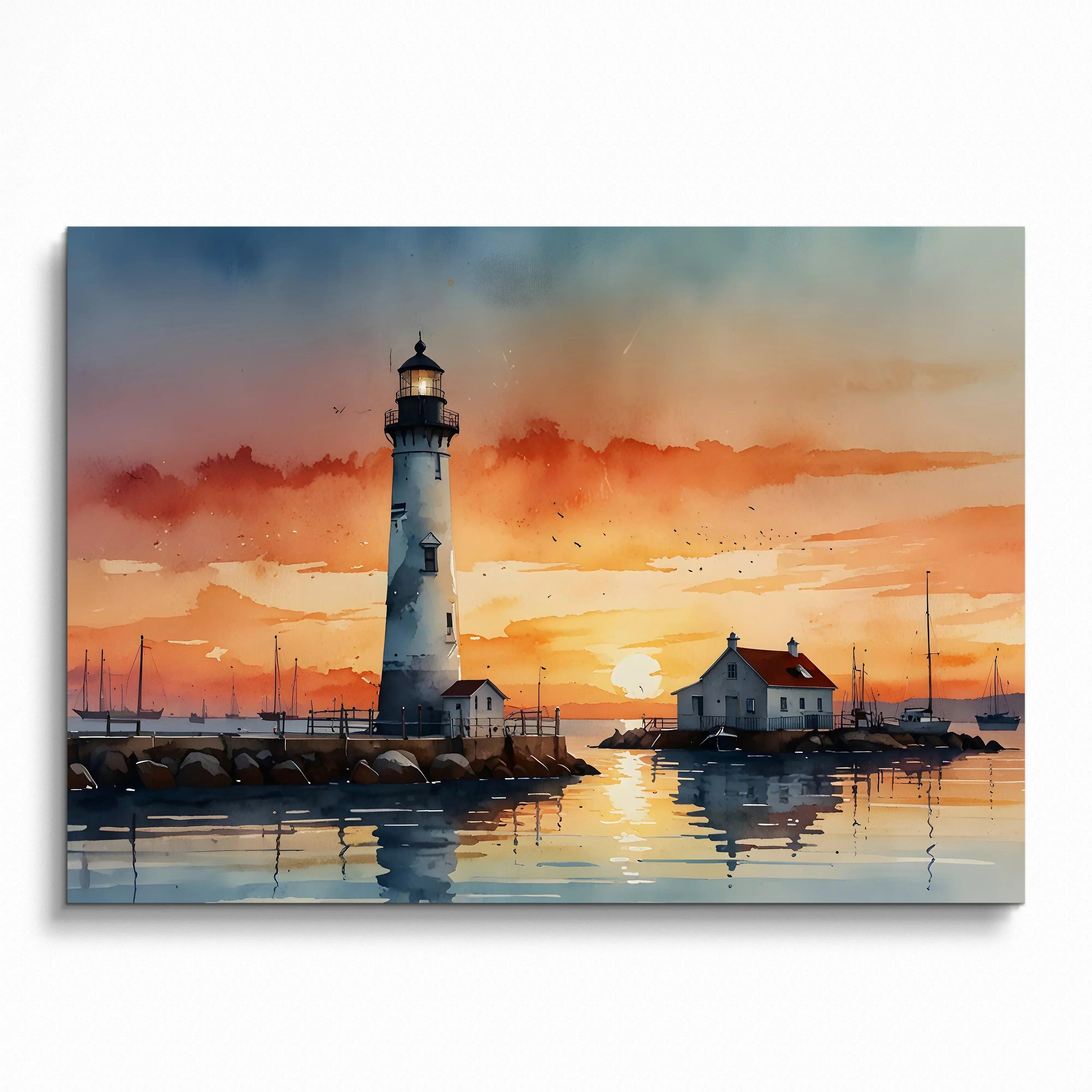 Watercolor sunset lighthouse poster with vibrant orange sky and calm harbor water wall art.