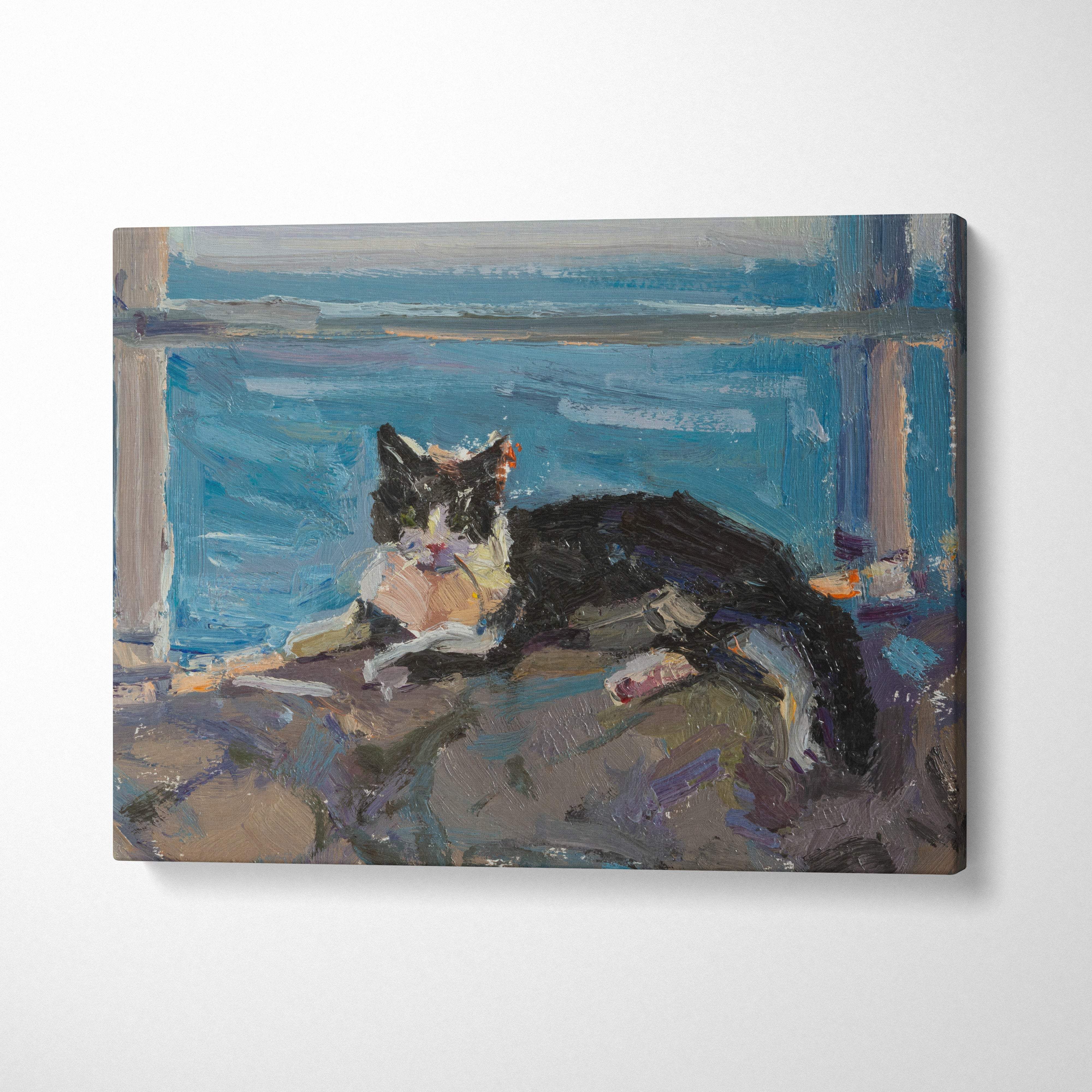 A framed oil painting canvas print of a black and white cat on a windowsill in cool blue tones for cozy home decor