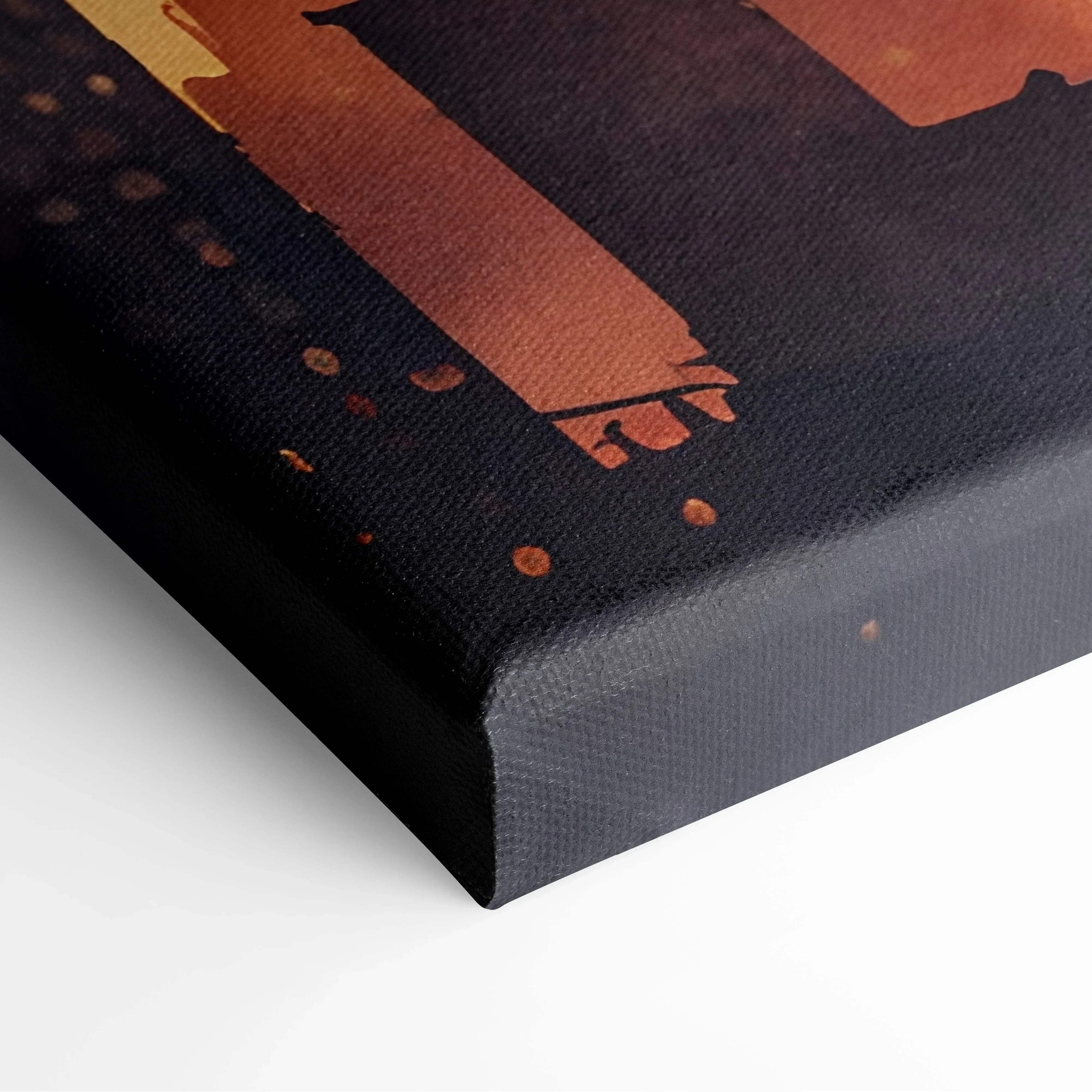 Black canvas art featuring a stylized cityscape with warm orange and gold sunset hues for wall decor