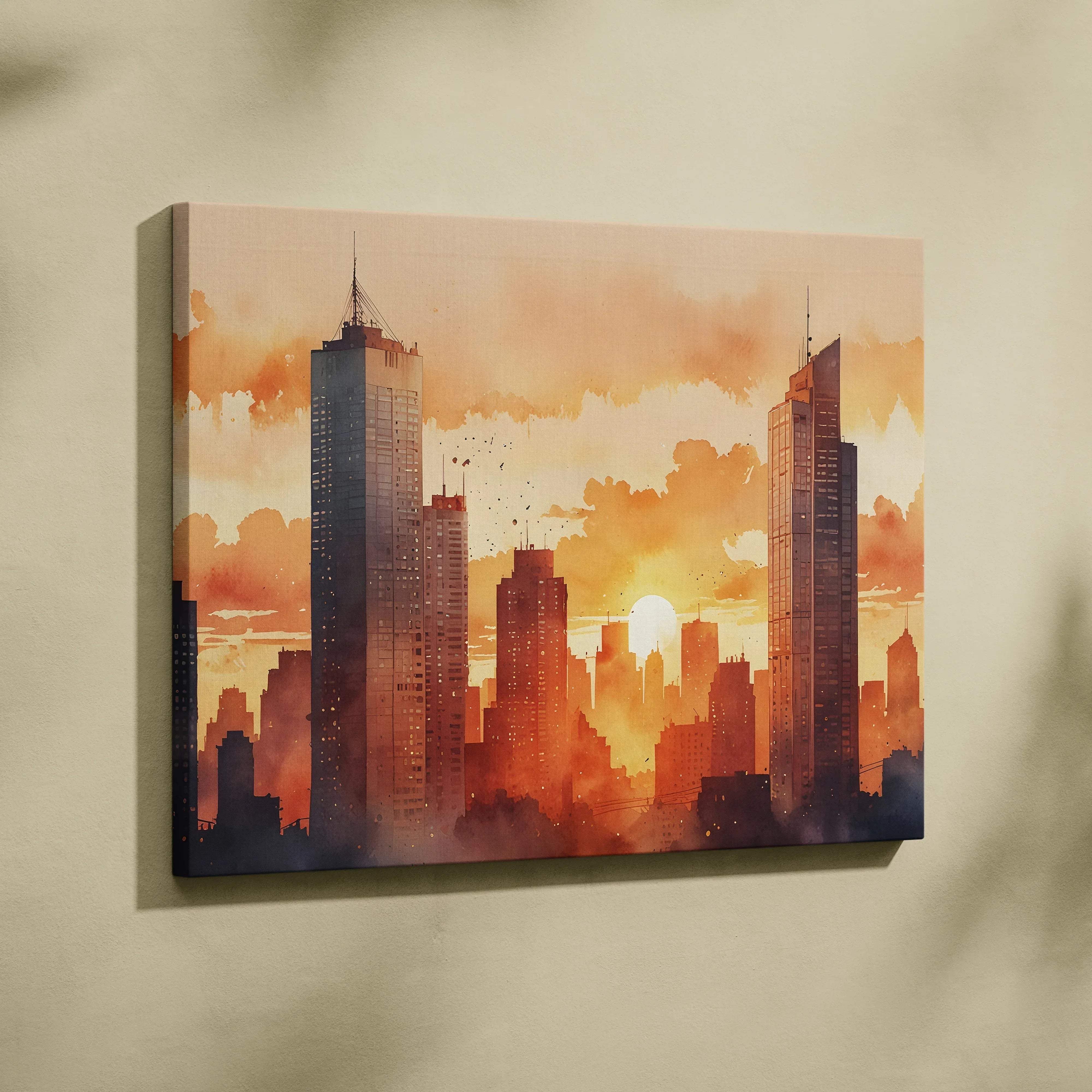 Vibrant watercolor city skyline sunset canvas wall art with warm orange and pink hues featuring tall skyscrapers