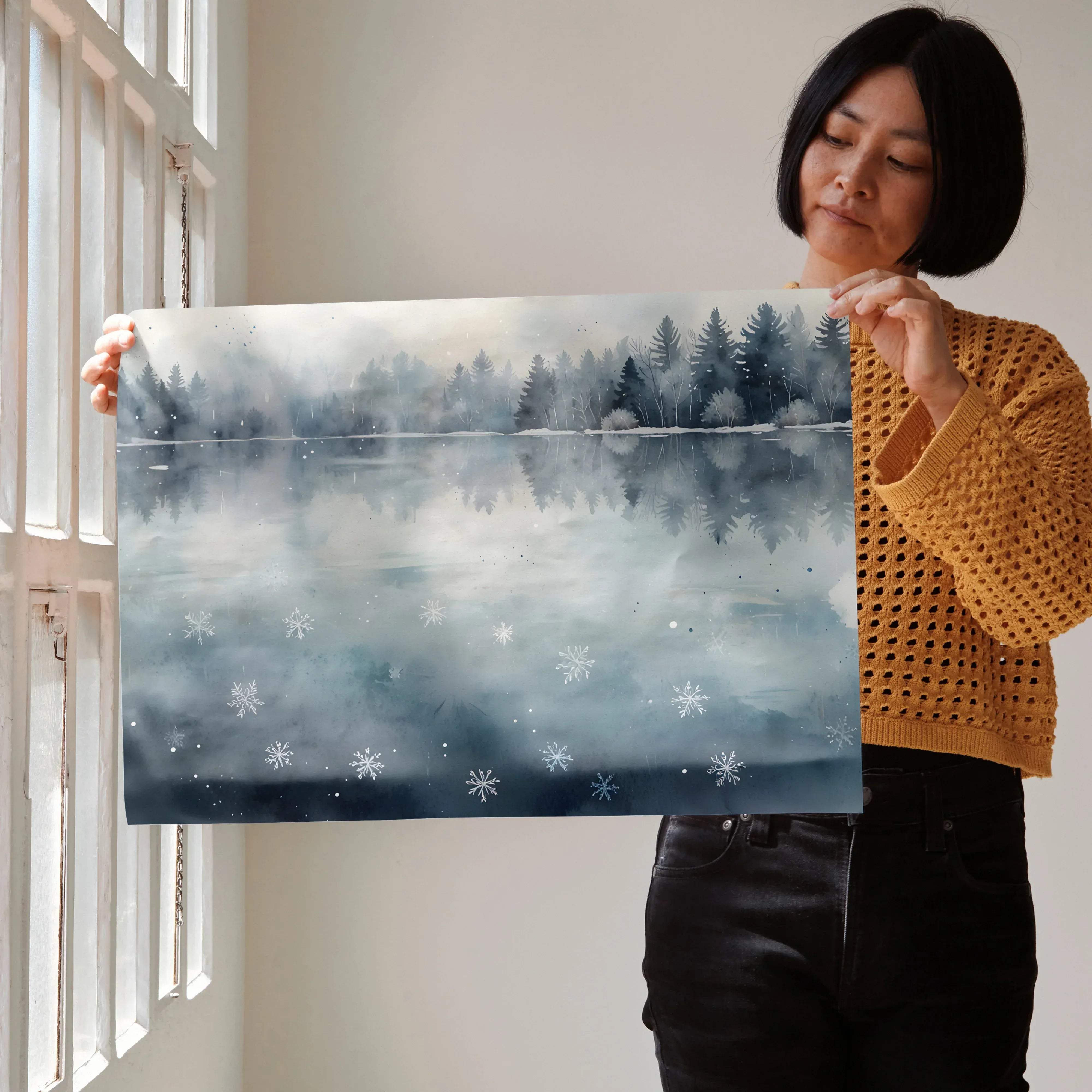 Serene winter snow nature watercolor styled art poster of a misty forest lake with snowflakes in soft blues and grays