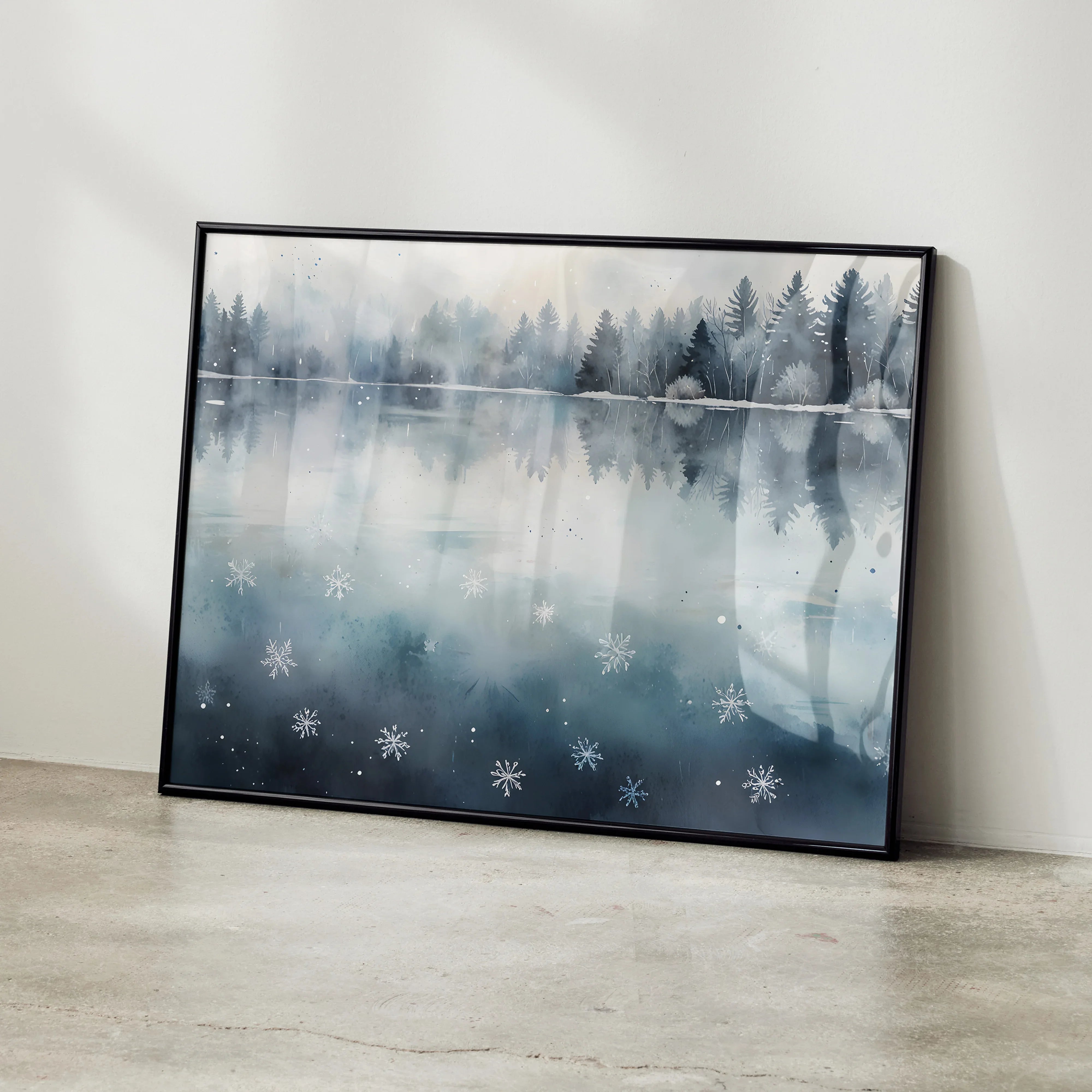 Serene winter snow nature watercolor art poster with mountains and forest reflection in calm water.