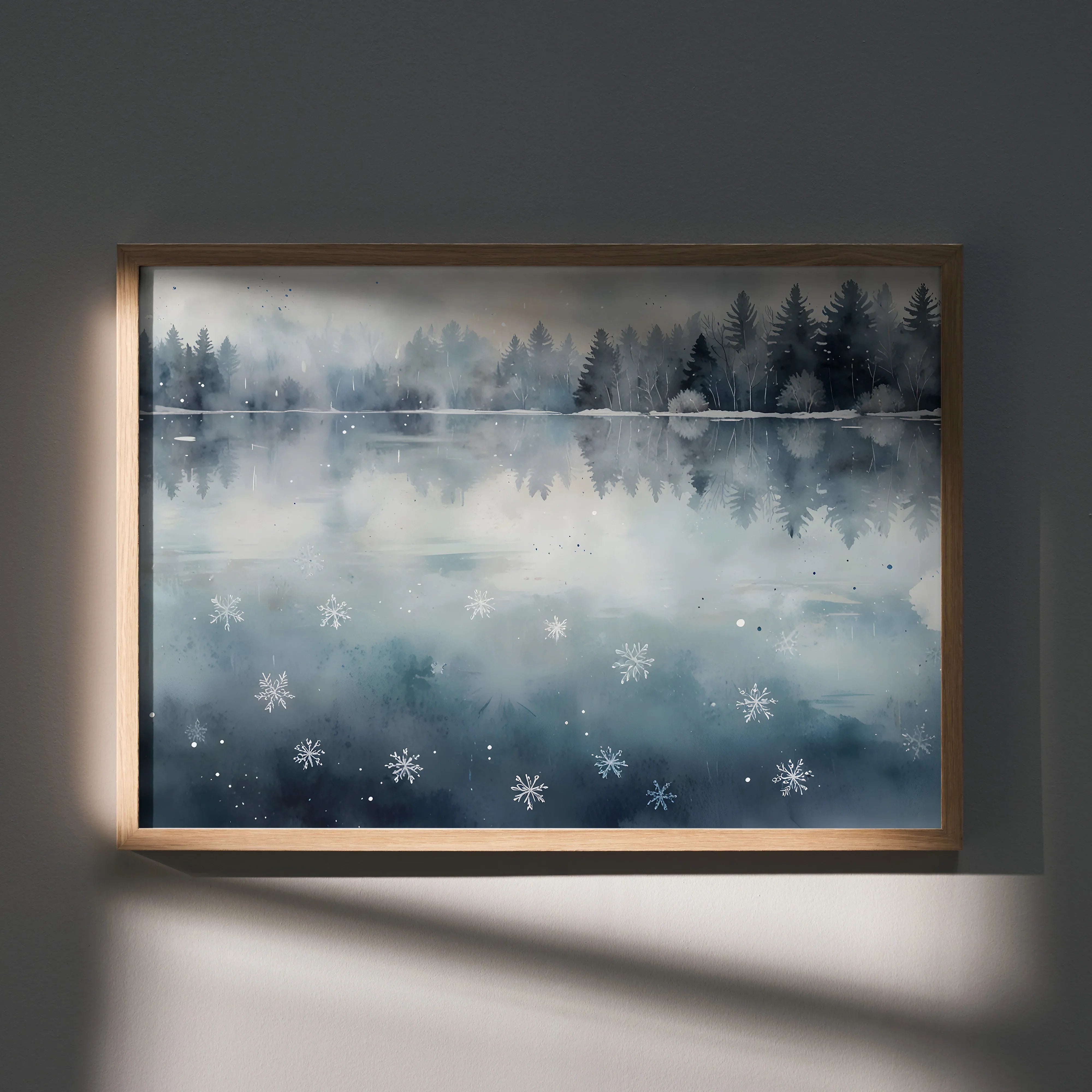 Winter snow landscape watercolor art poster with misty trees and reflective lake wall art.