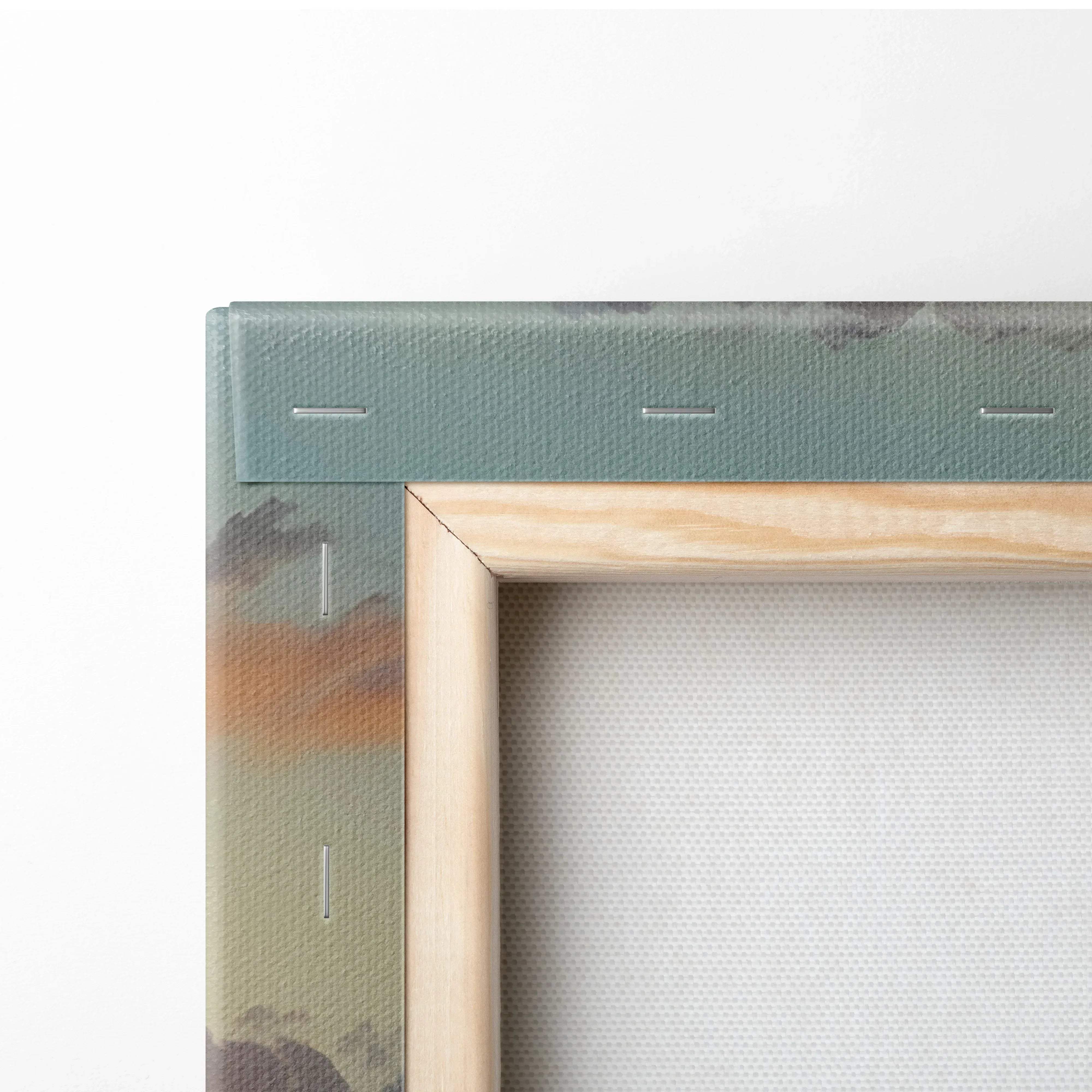 A minimalist wooden canvas frame with light natural wood finish and stitched detailing for golden hour sunset meadow art