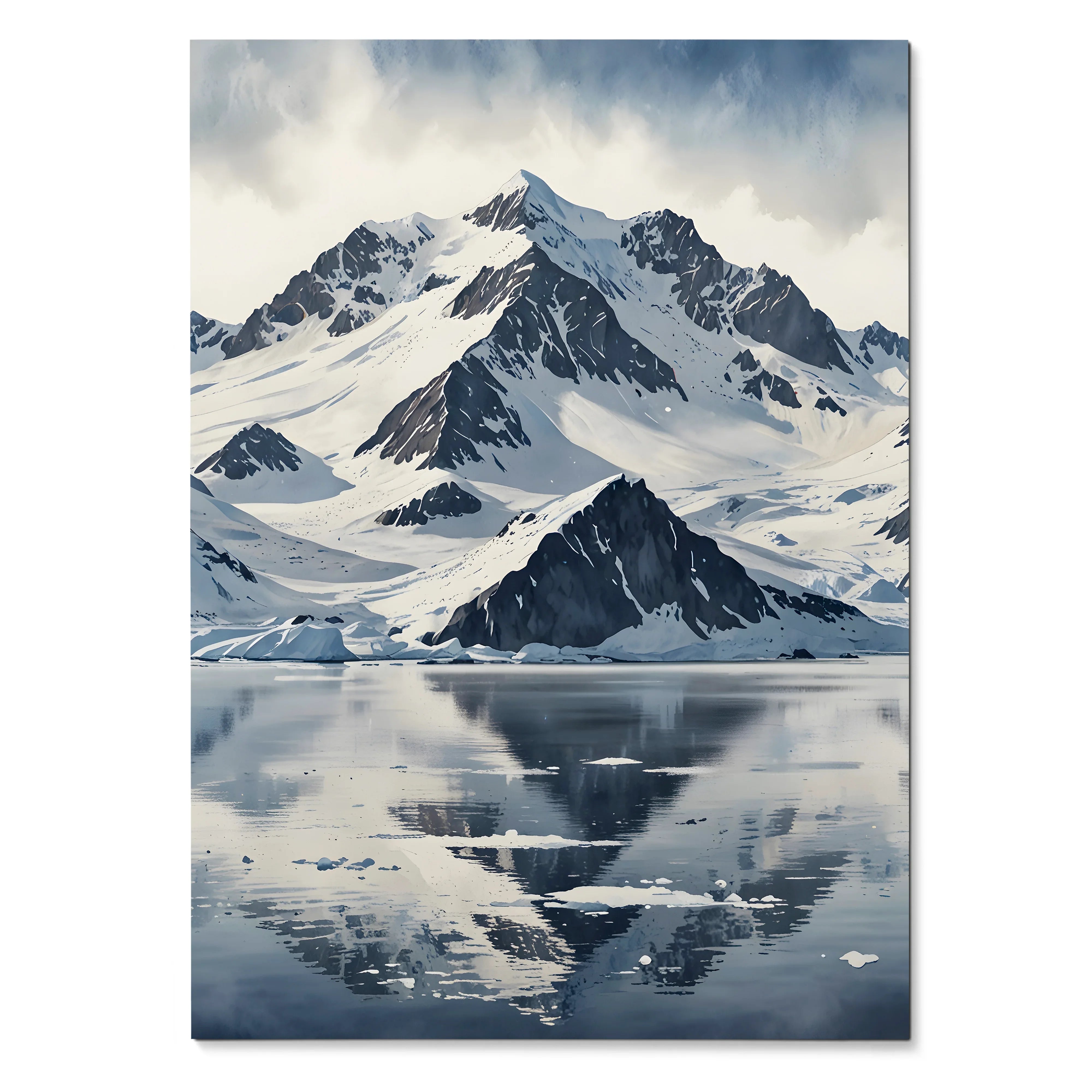 Vertical watercolor poster of snow-covered mountain peaks reflecting in calm water, nature wall art.