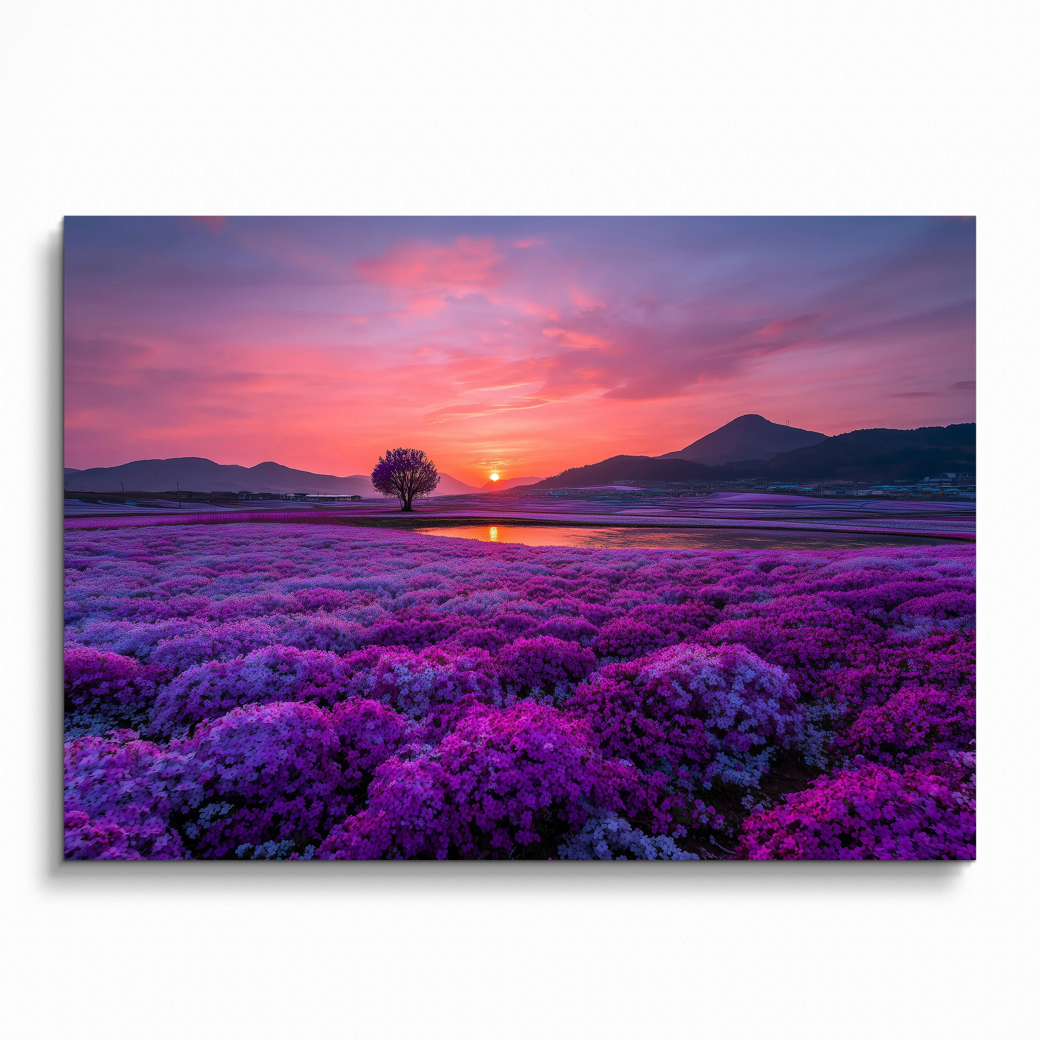 Floral sunset nature poster with vibrant purple flowers, lone tree, and glowing orange sun over hills wall art.