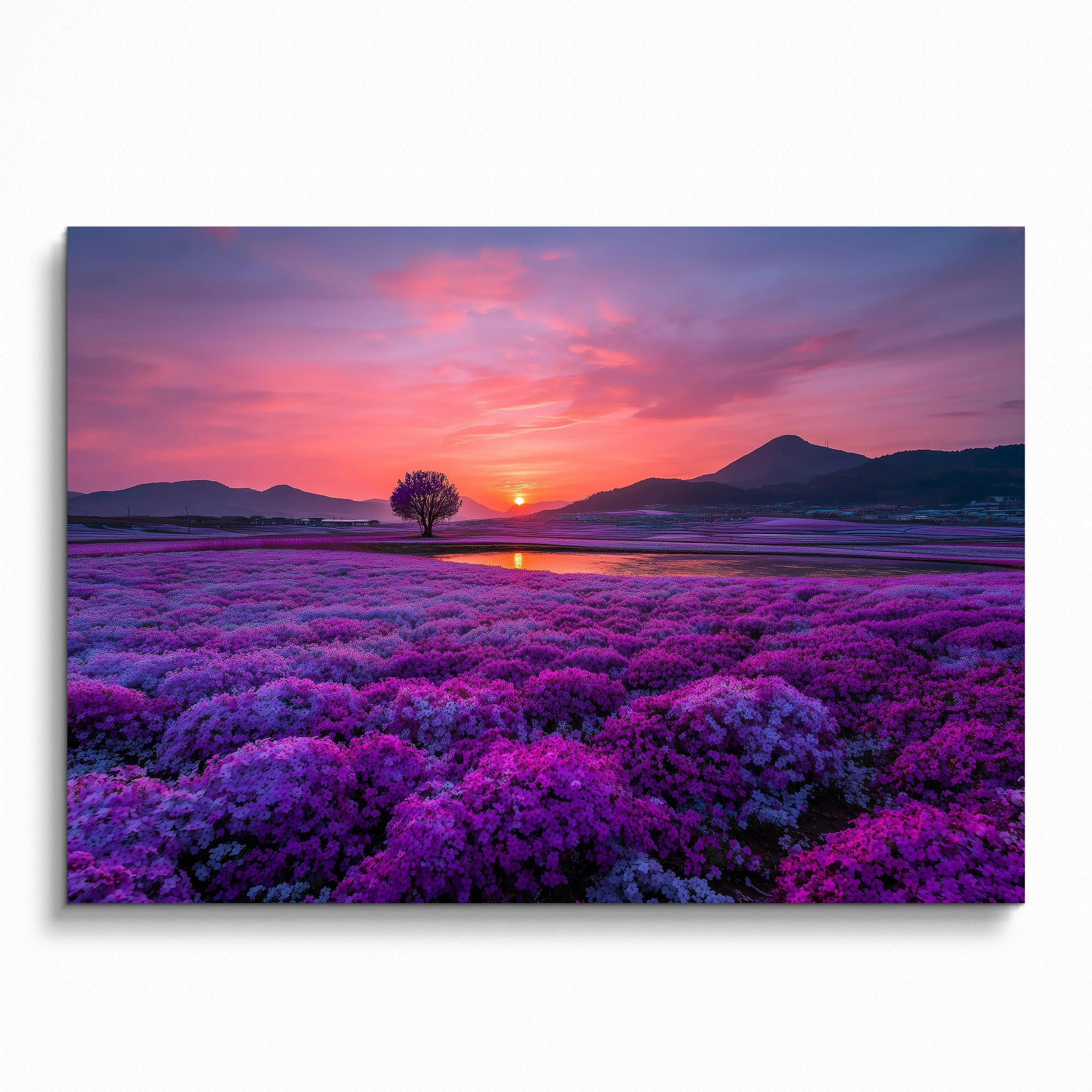 Floral sunset nature poster with vibrant purple flowers, lone tree, and glowing orange sun over hills wall art.