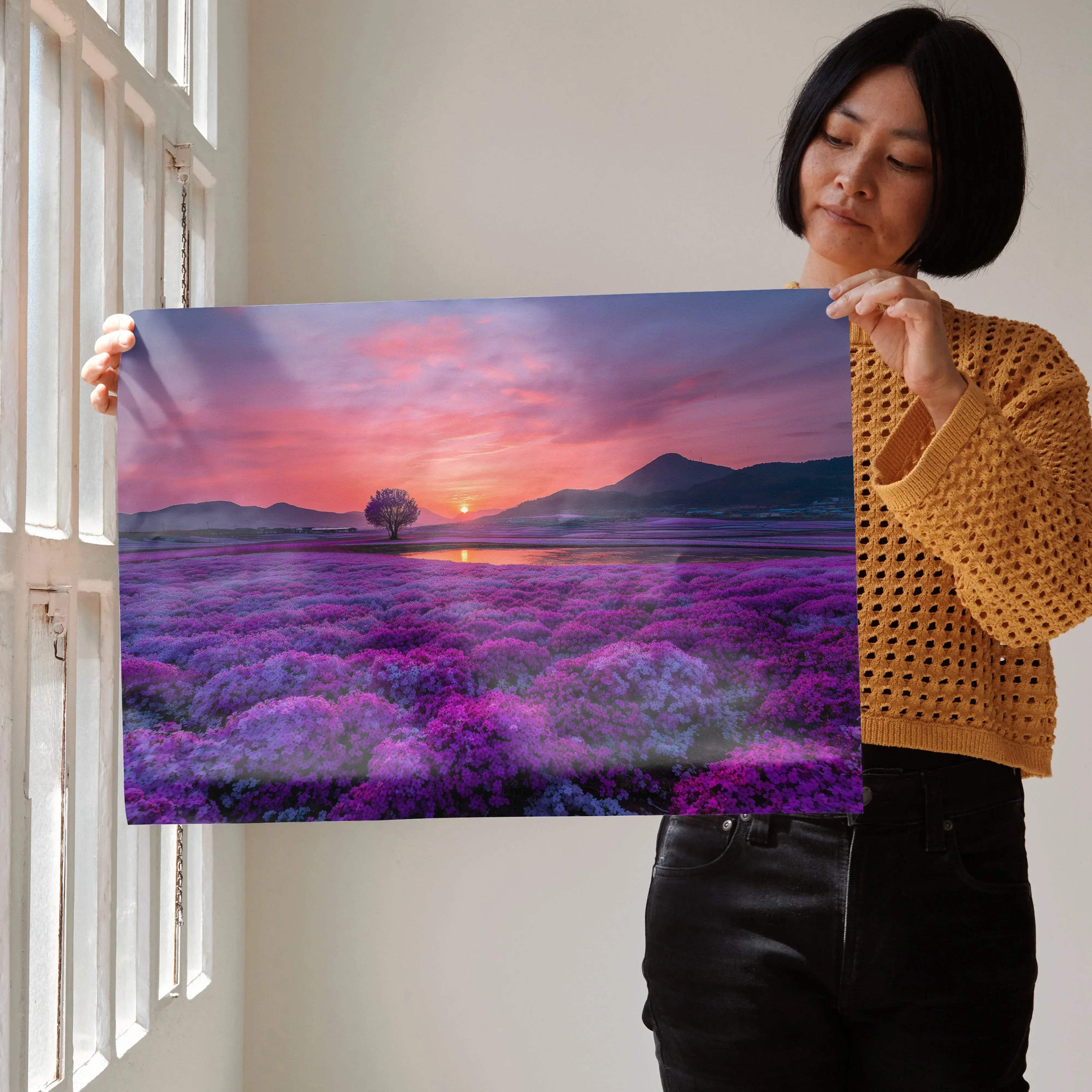 Rectangular canvas print of a vibrant purple lavender field sunset with mountains and a solitary tree floral wall art poster