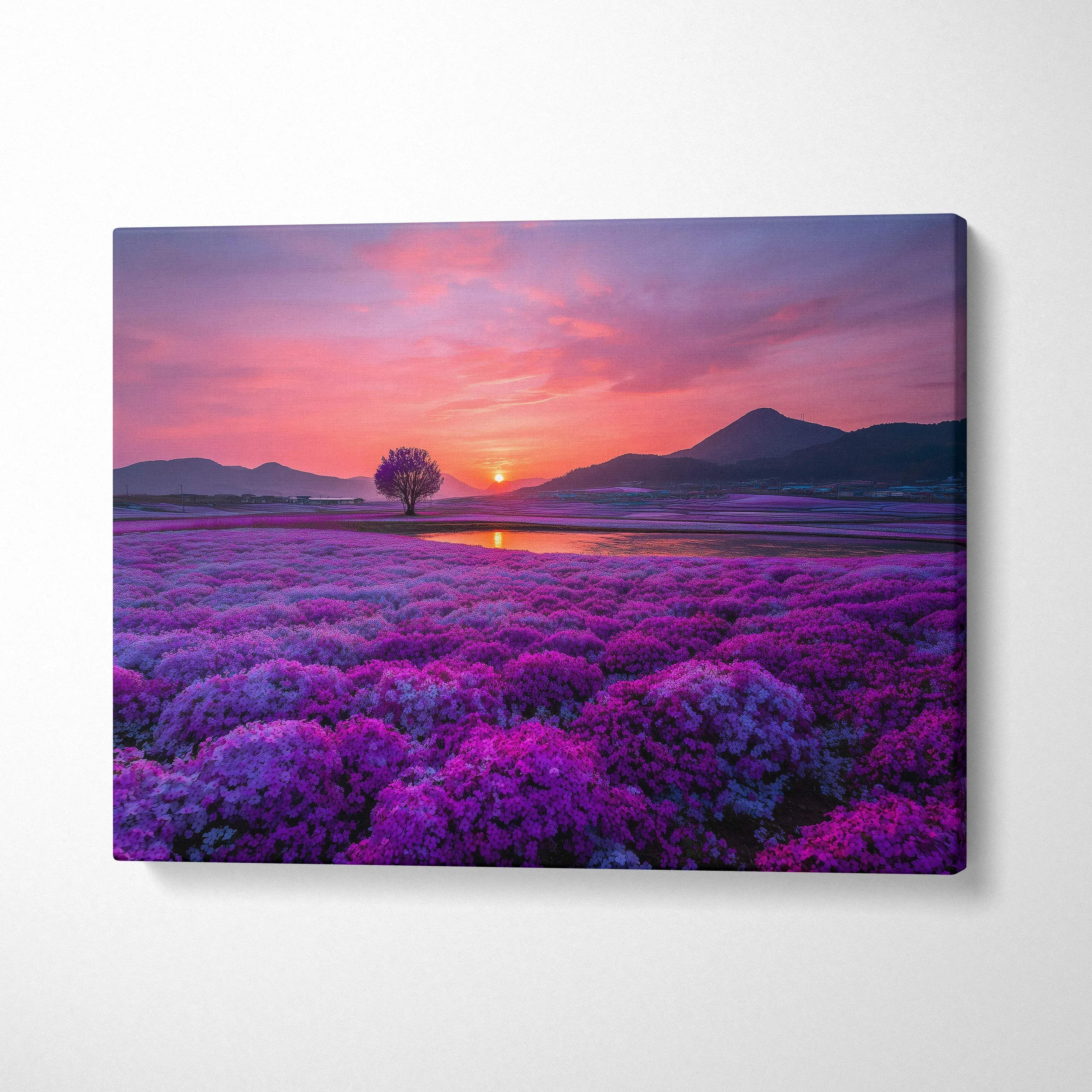 Canvas wall art featuring vibrant purple floral field at sunset with silhouetted tree and mountains.