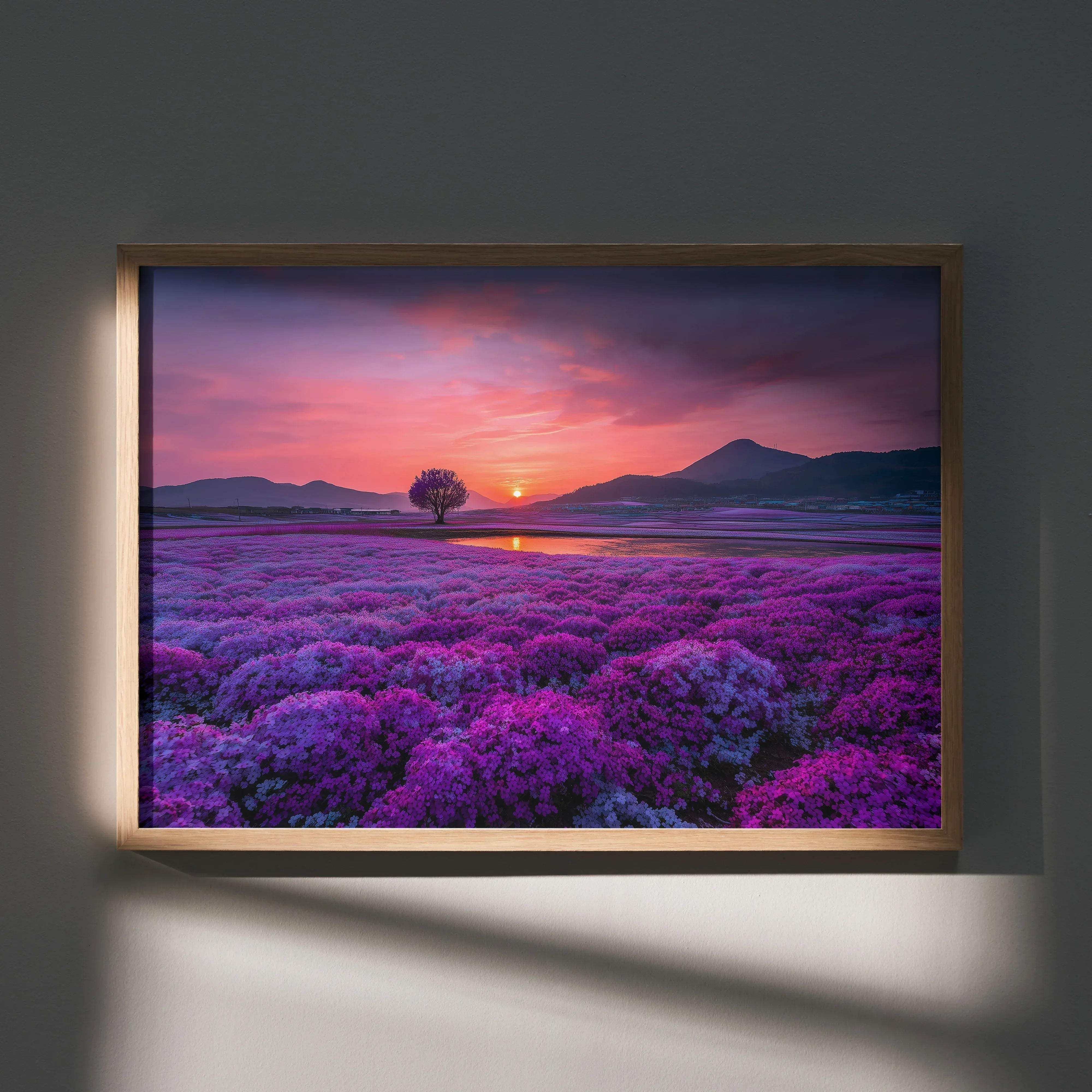 A framed canvas print featuring a vibrant purple flower field at sunset with a tree and mountains under a pink sky