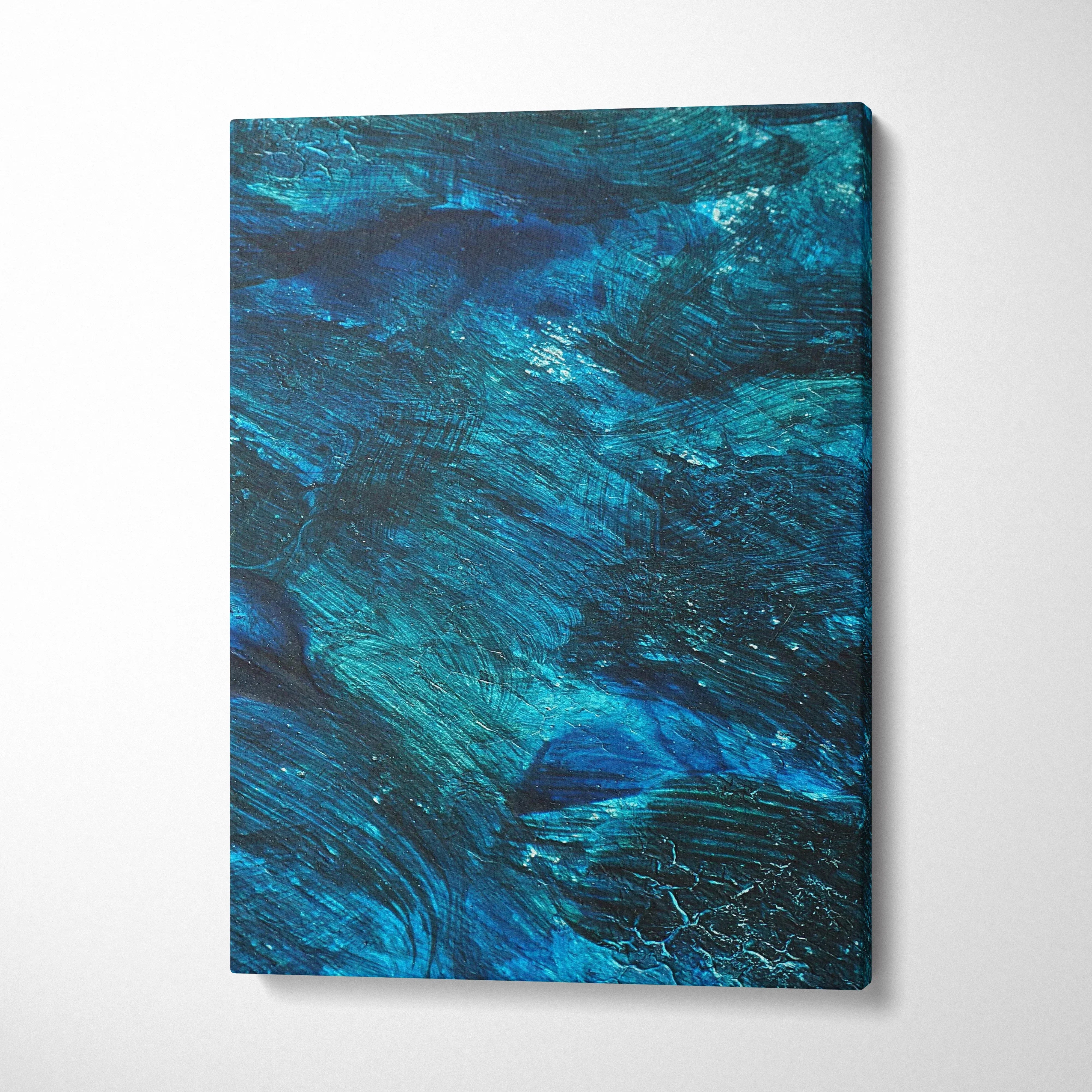 Blue and green abstract nature inspired digital canvas wall art with textured brushstrokes.