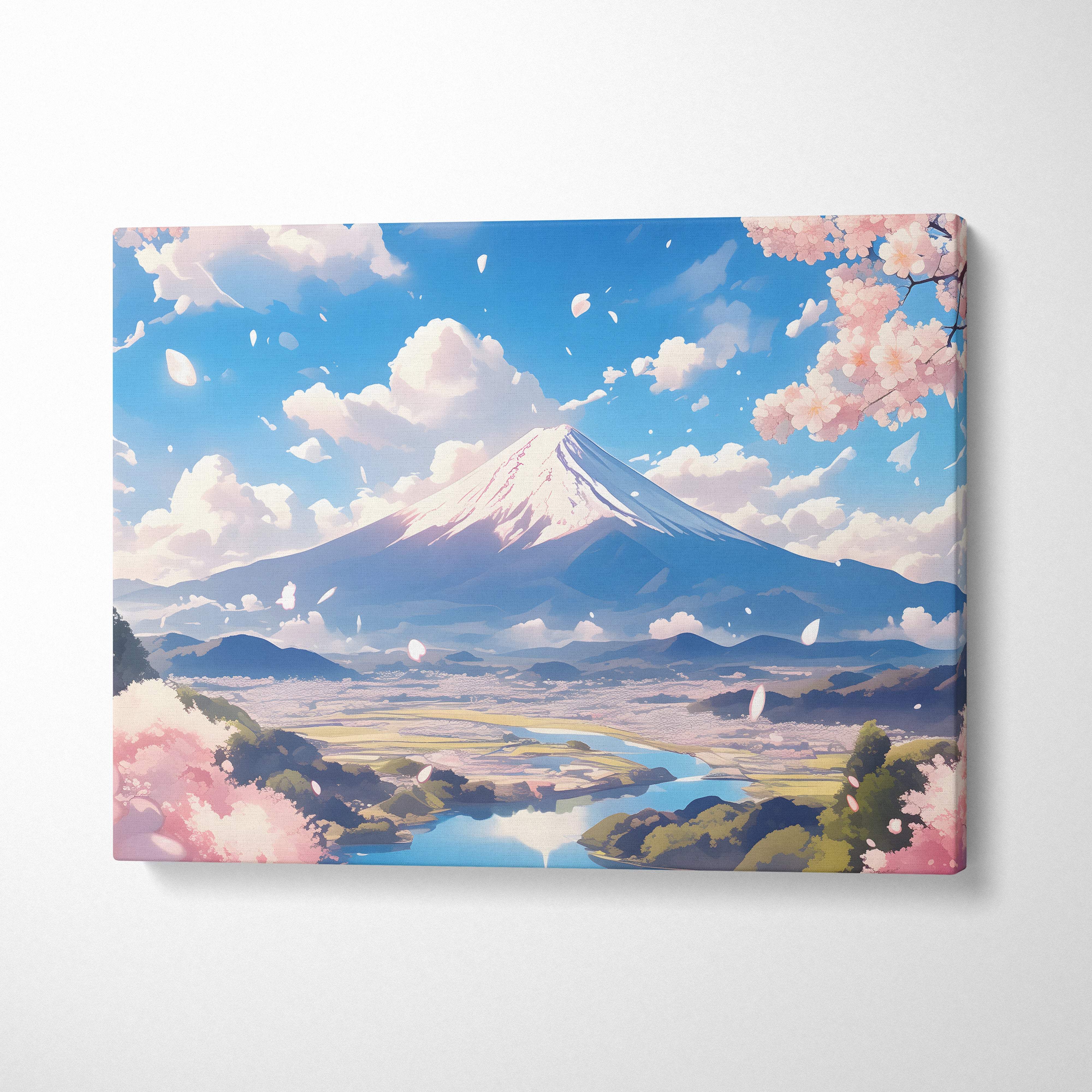 Rectangular canvas print of mount fuji with cherry blossoms under a blue sky in soft pastel anime style wall art