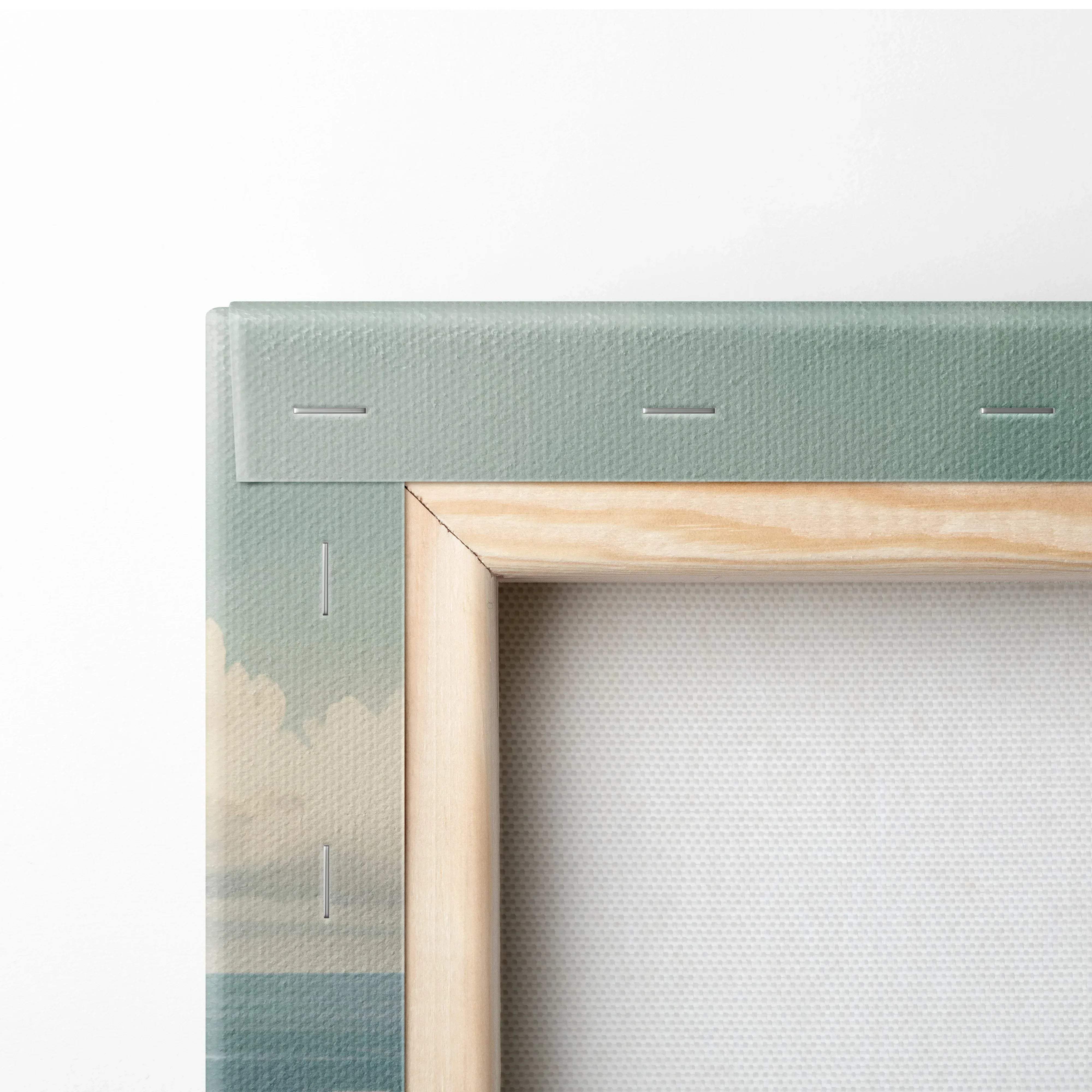 Serene beach ocean waves watercolor canvas wall art with soft teal and beige coastal scene in light wood frame for living room or bedroom