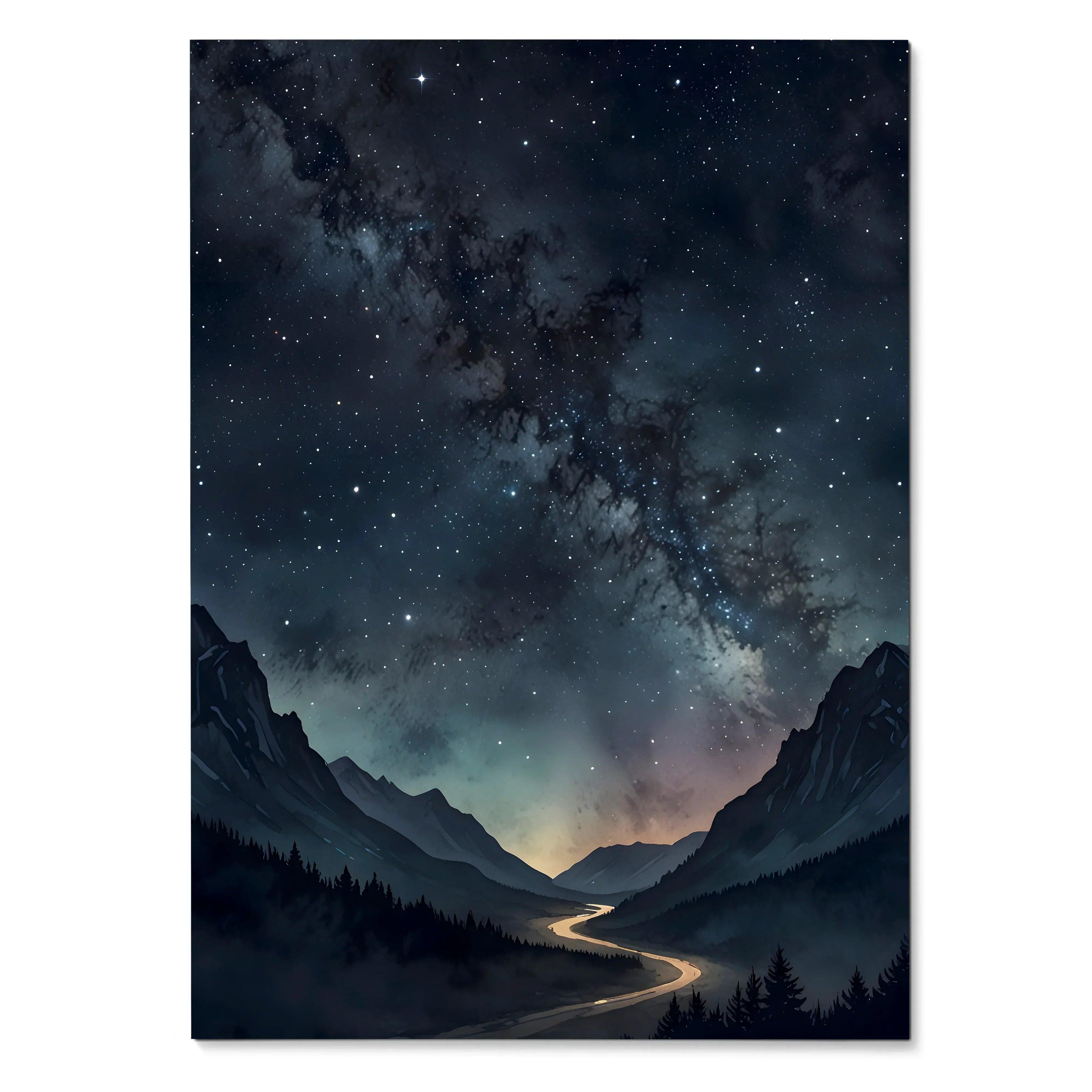 Vertical watercolor poster of night sky with stars over dark mountain landscape wall art.